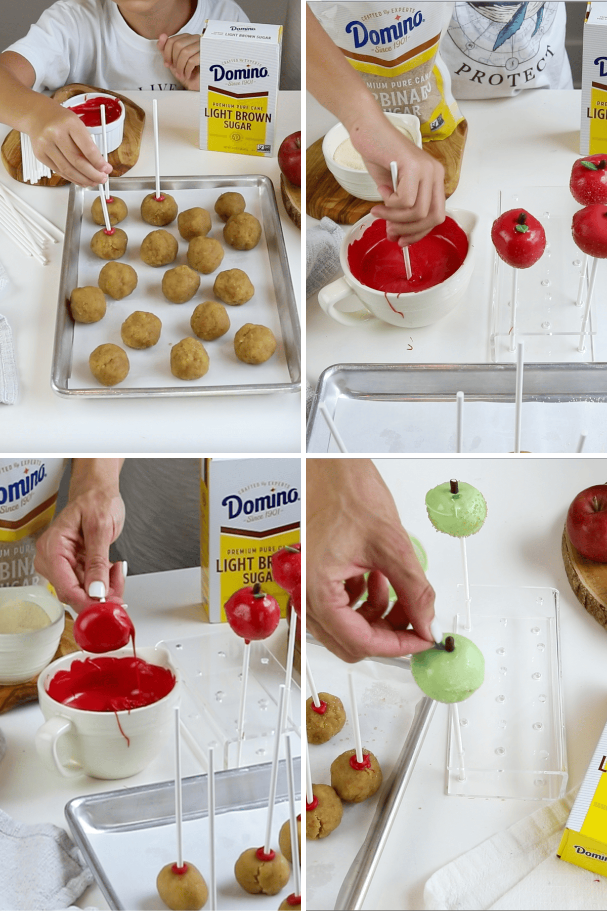 first picture: sticking a cake pop stick in a shaped cake pop. second picture: dipping the cake pops in red candy melts. third picture: dipping the cake pop in red candy melt. fourth picture: sticking a leaf on top of a cake pop.