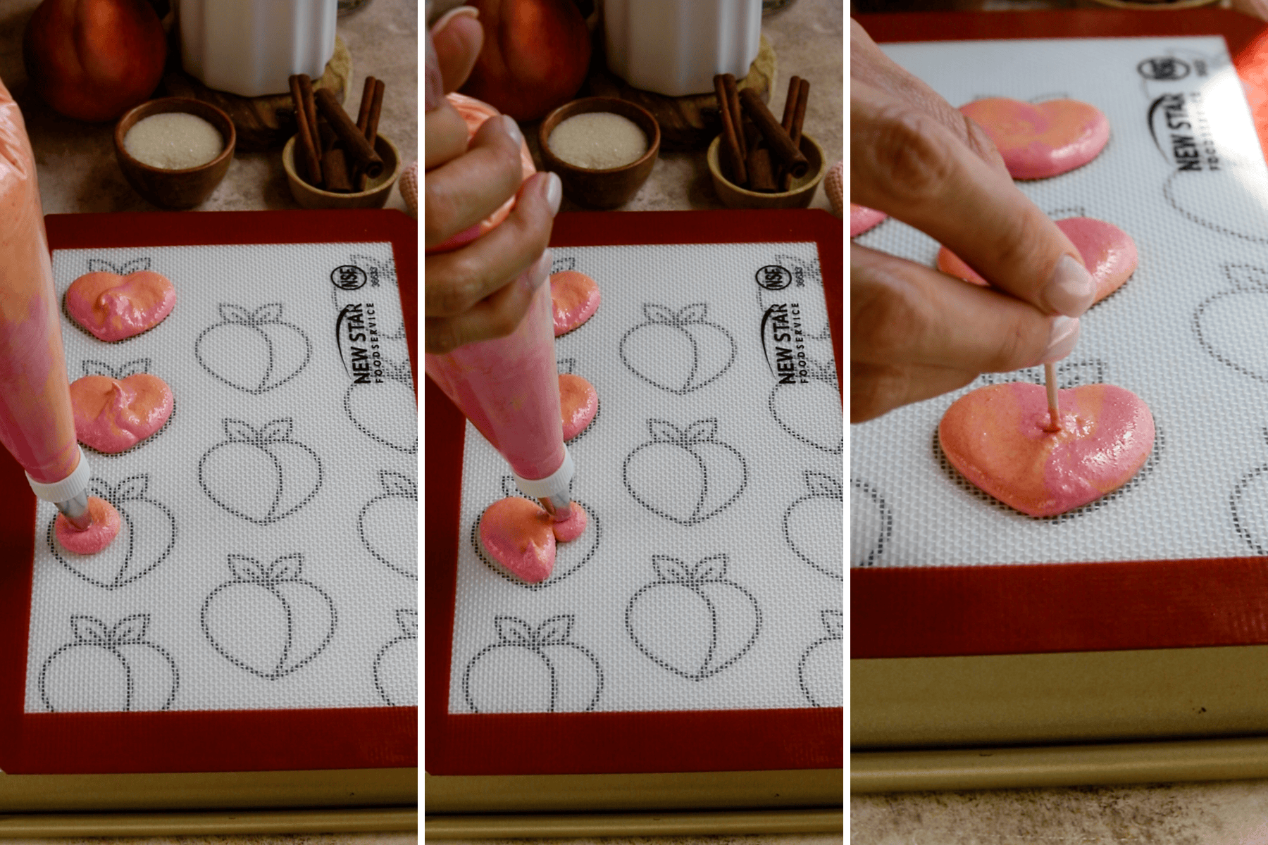 first picture: piping the peach macarons with the orange and pink batter. second picture: piping the other side of the peach macaron. third picture using a toothpick to smooth out the batter.