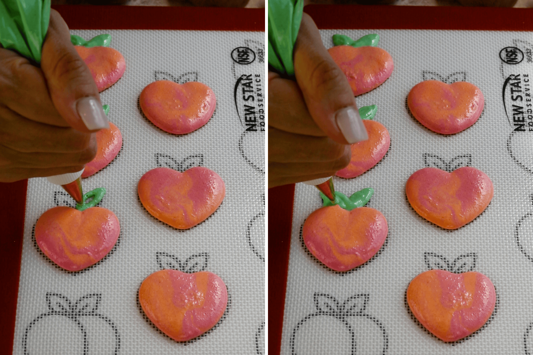 first picture: piping the leaves of the peach macarons. second picture: piping the other leaf with the green batter.