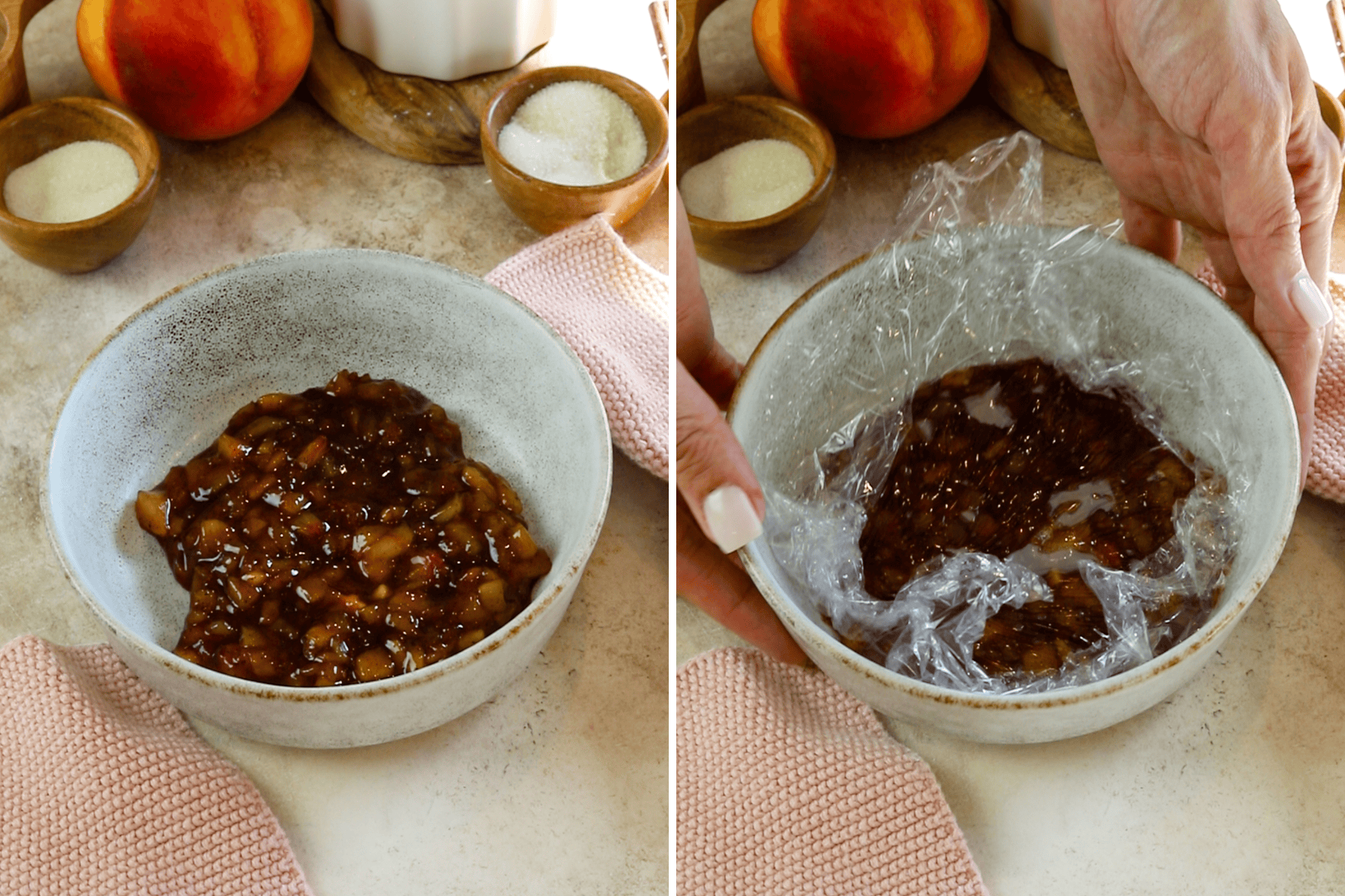 first picture: bowl with peach filling inside. second picture: bowl with peach filling covered by plastic.