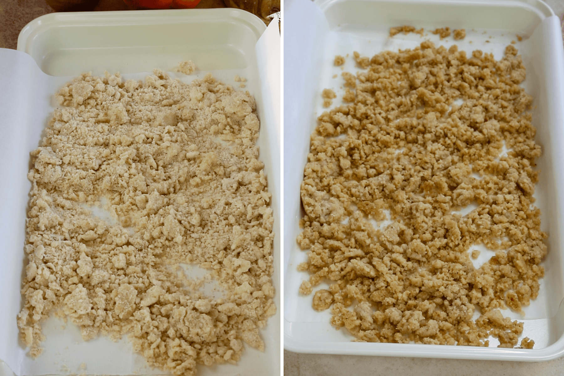 first picture: tray with streusel crumb before baking. second picture: baking tray with baked streusel crumb.