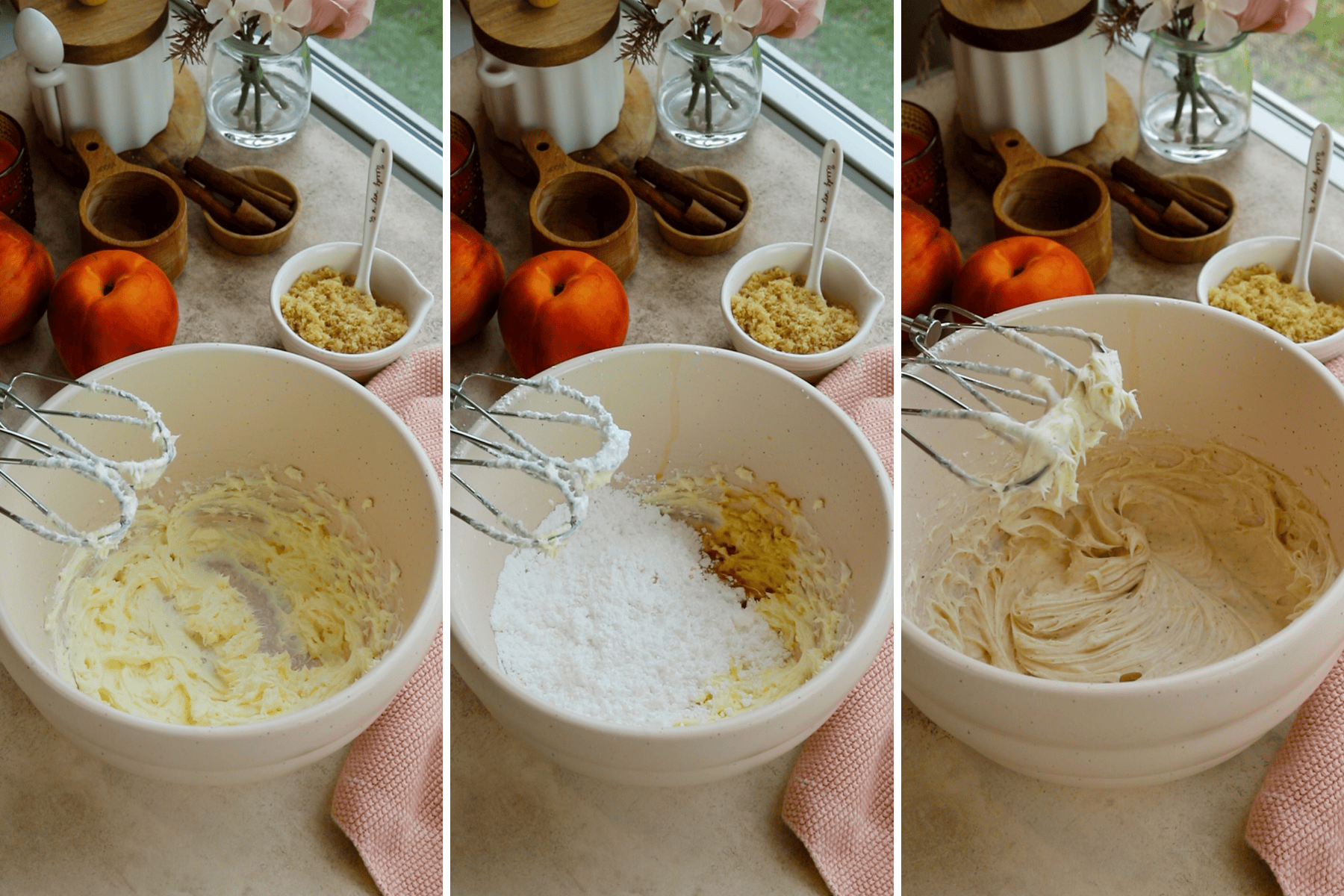first picture: bowl with whipped butter and cream cheese. second picture: bowl with whipped butter, cream cheese, and powdered sugar and spices added to the bowl. third picture: bowl with whipped cream cheese frosting inside.