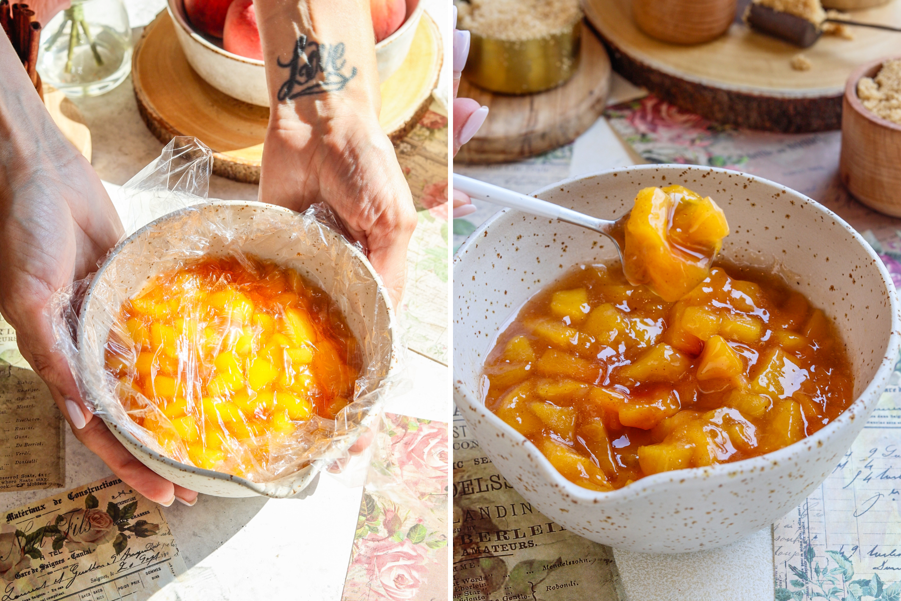 first picture: bowl with peach jam topped with plastic wrap. second picture: bowl with peach jam and a spoon grabbing some jam.