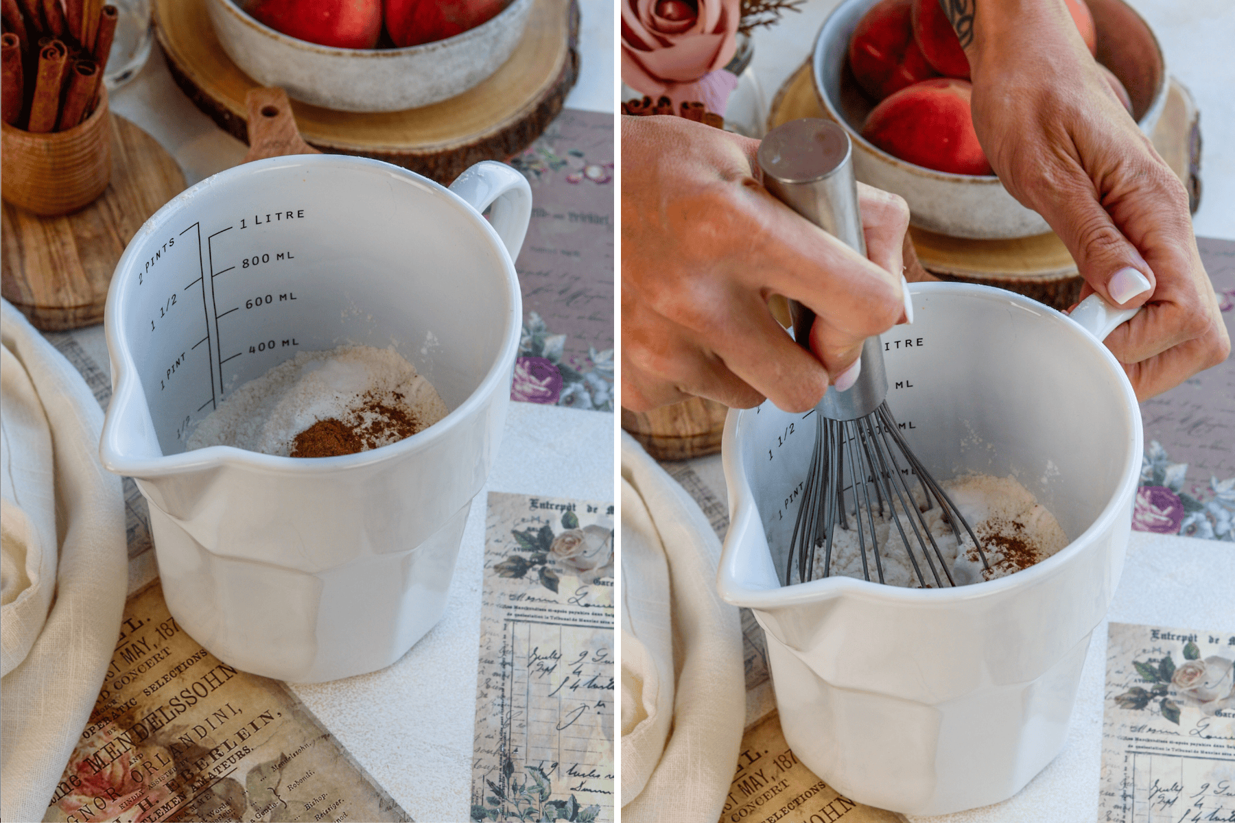 first picture: whisking flour with cinnamon. second picture: whisking flour with cinnamon in a measuring cup with a whisk.