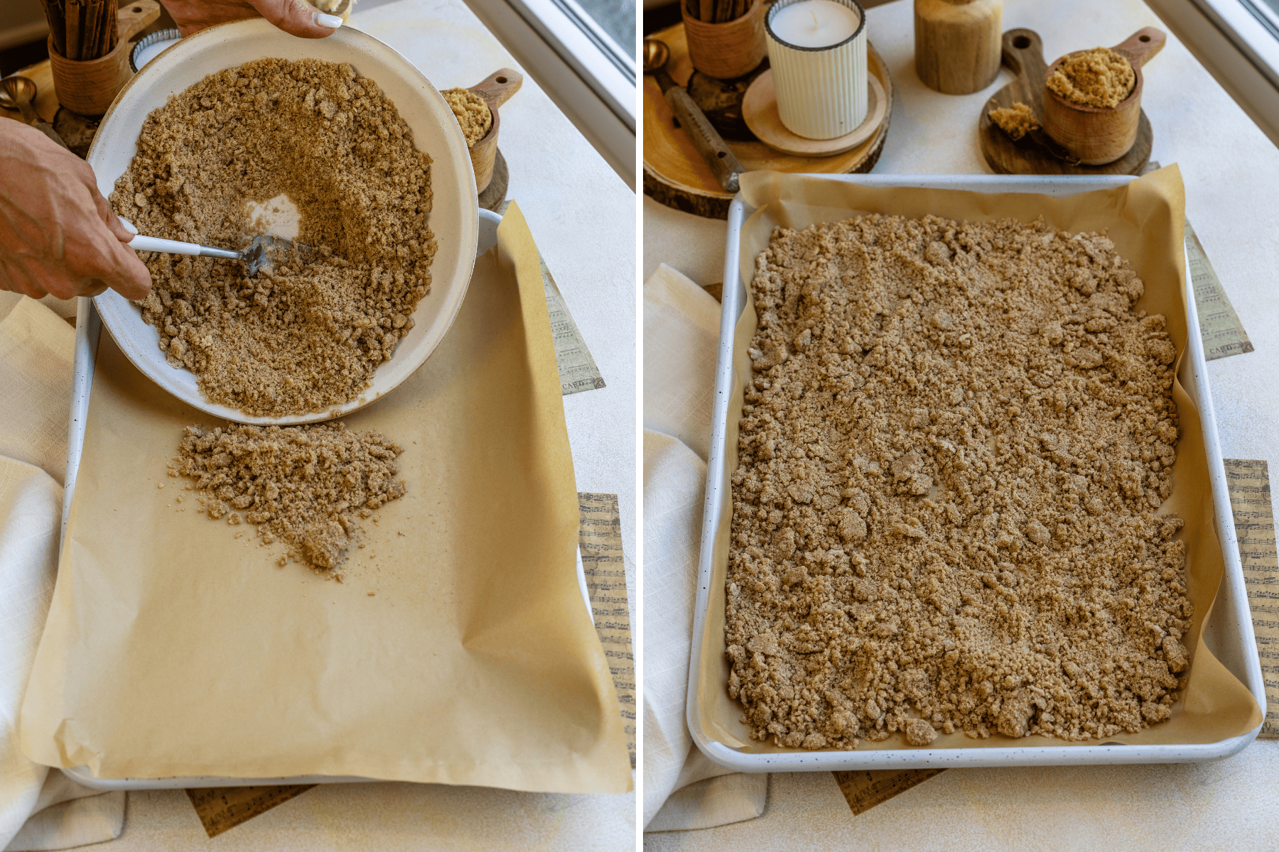 first picture: pouring streusel mixture on a baking sheet lined with parchment paper. second picture: crumbs spread on a baking sheet lined with parchment paper.