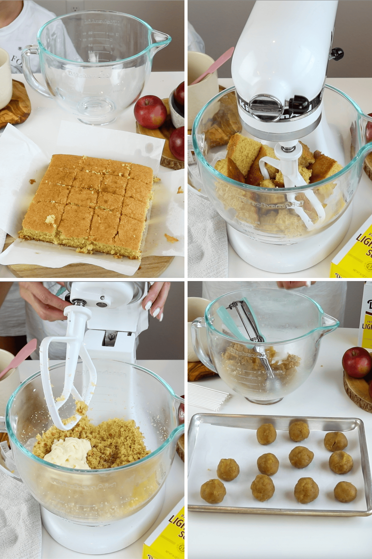 first picture: cut up cake on a cutting board. second picture: cake pieces in a bowl of a mixer. third picture: crumbled cake pieces in a mixer bowl with frosting added. fourth picture: rolling up pieces of cake dough into cake balls.