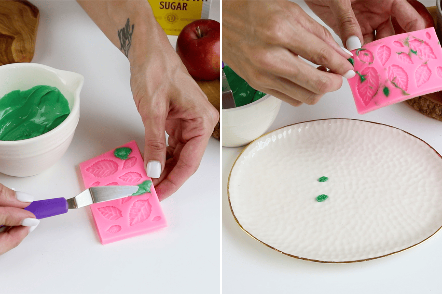 first picture: spreading green candy melts on a silicone mold shaped leaf. second picture: removing the leaf from the mold.