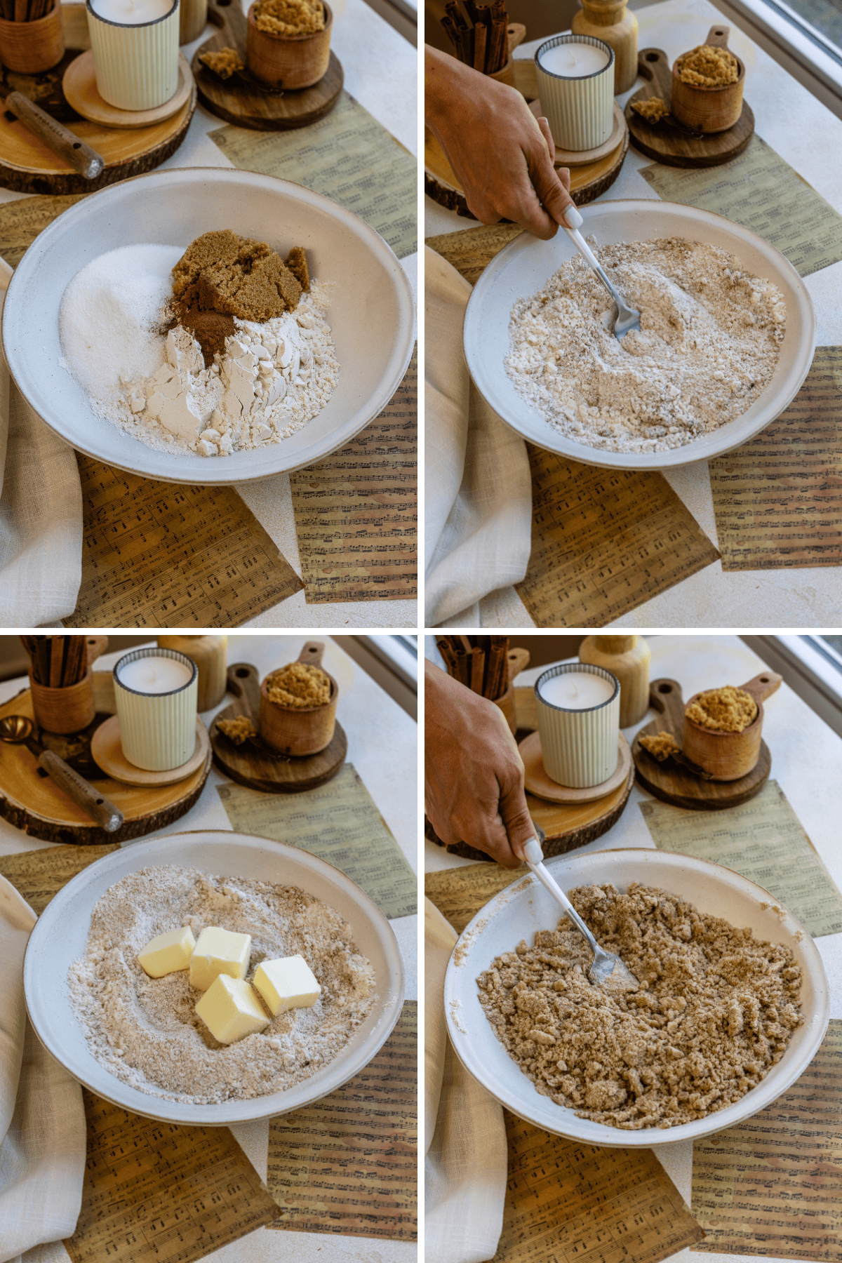 first picture: bowl with flour, brown sugar, sugar, and cinnamon. second picture: hand mixing the flour and sugar together with a fork. third picture: butter added to the bowl with flour and sugar. fourth picture: hand mixing the butter with the dry ingredients in the bowl.