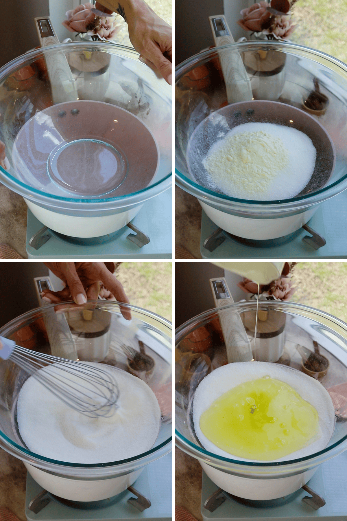 first picture: bowl placed over a saucepan. second picture: bowl over a saucepan with sugar and egg white powder added to it. third picture: whisking sugar and egg white powder with a whisk. fourth picture: adding egg whites to a bowl with sugar over a double boiler.