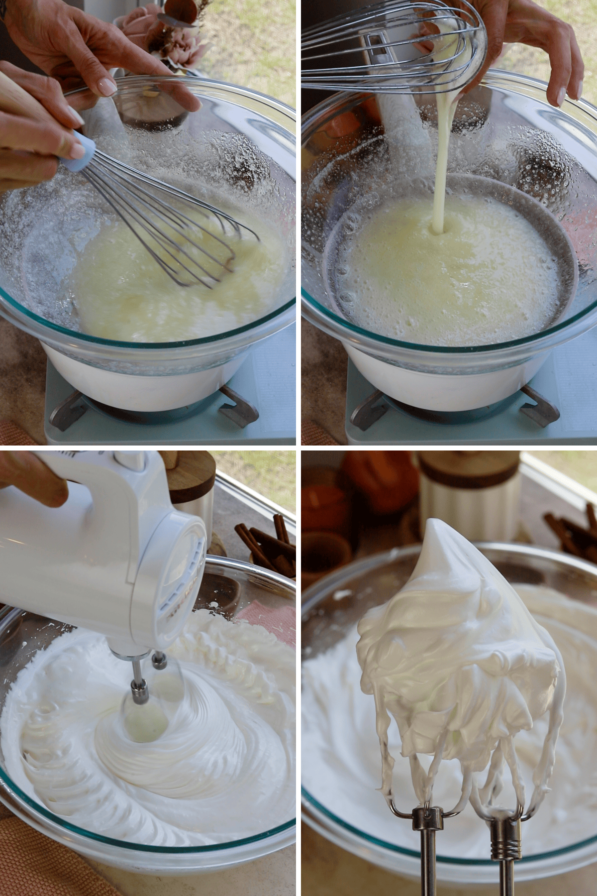 first picture: whisking egg whites and sugar over a double boiler. second picture: touching the egg whites to see if the sugar has melted. third picture: whipping the egg whites with an electric mixer. fourth picture: showing the whipped meringue on a whisk.