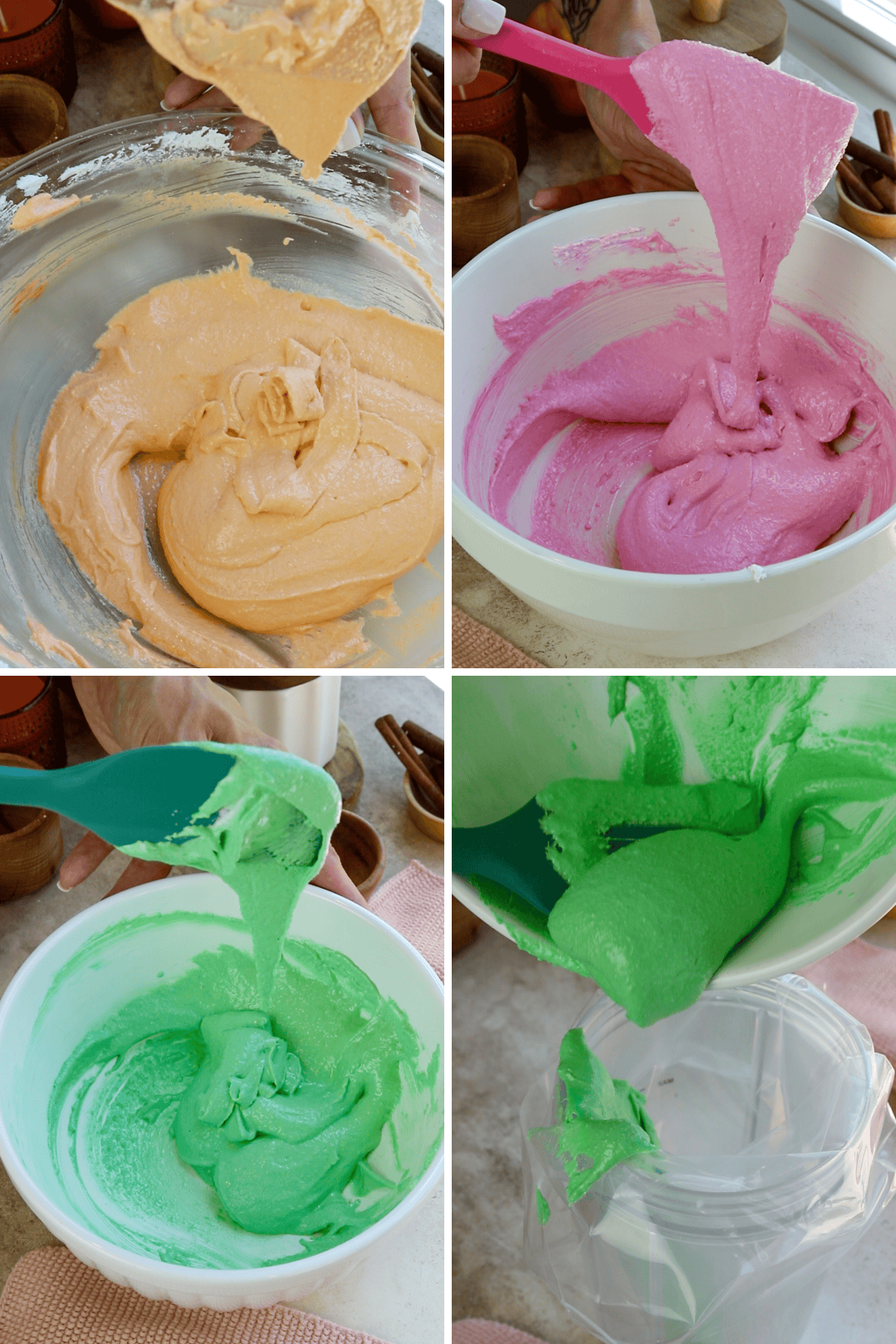 first picture: bowl with peach colored macaron batter. second picture: bowl with pink macaron batter. third picture: bowl with green macaron batter. fourth picture: pouring green macaron batter in a piping bag.