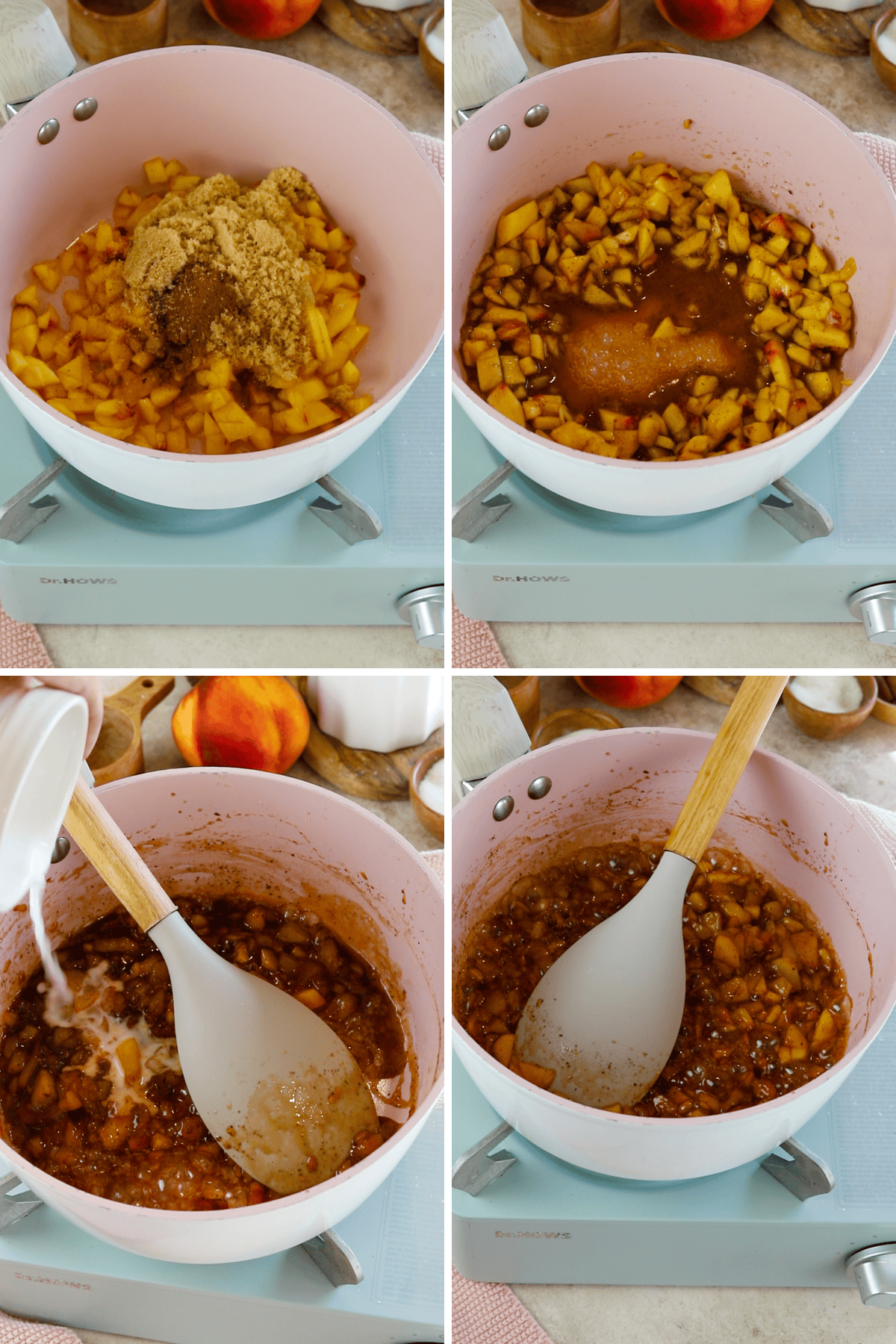 first picture: chopped peaches, sugar, and spices in a saucepan. second picture: mixture being cooked. third picture: adding cornstarch slurry to the mixture. fourth picture: stirring the peach mixture with a spatula.
