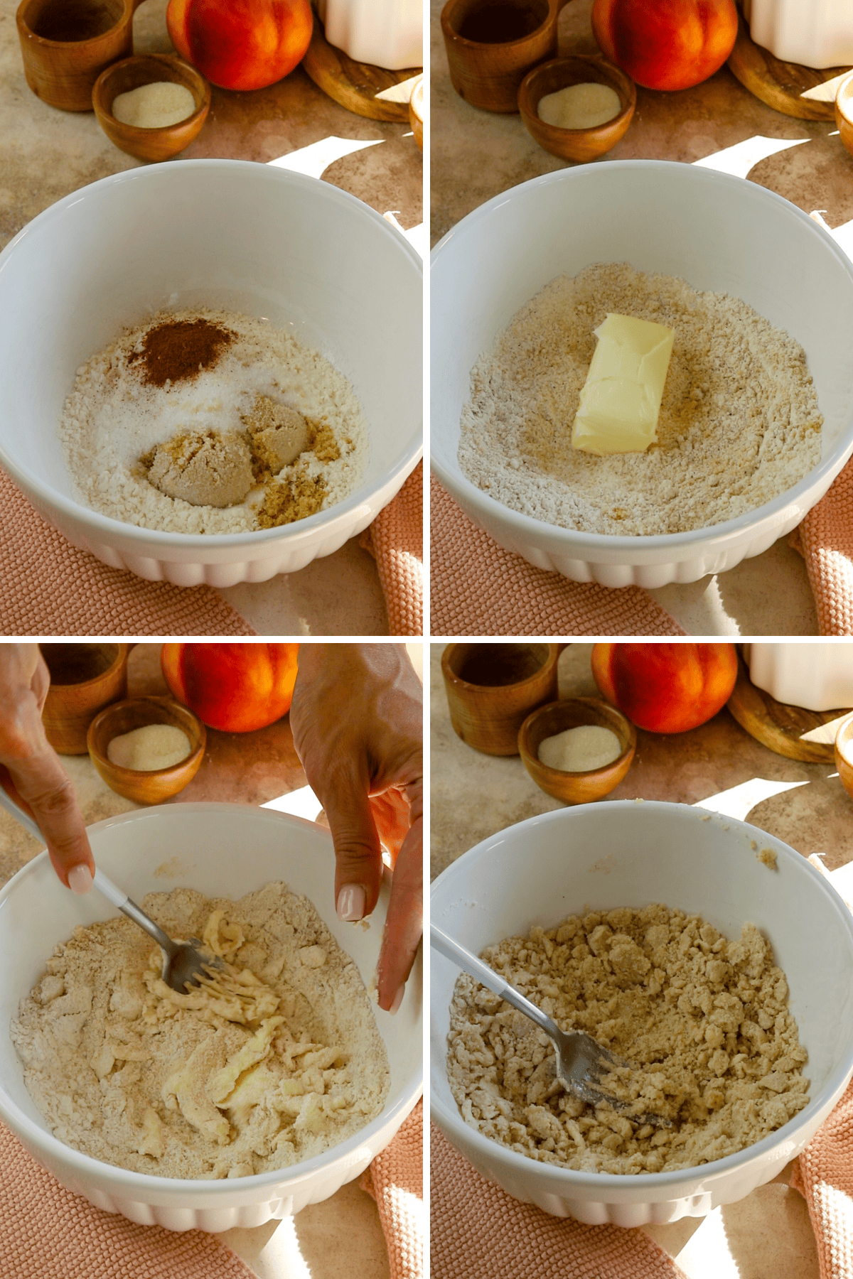 first picture: bowl with flour, spices, and sugar. second picture: bowl with dry ingredients and butter. third picture: combining the butter and dry ingredients using a fork. third picture: ingredients combined in a bowl with a fork.