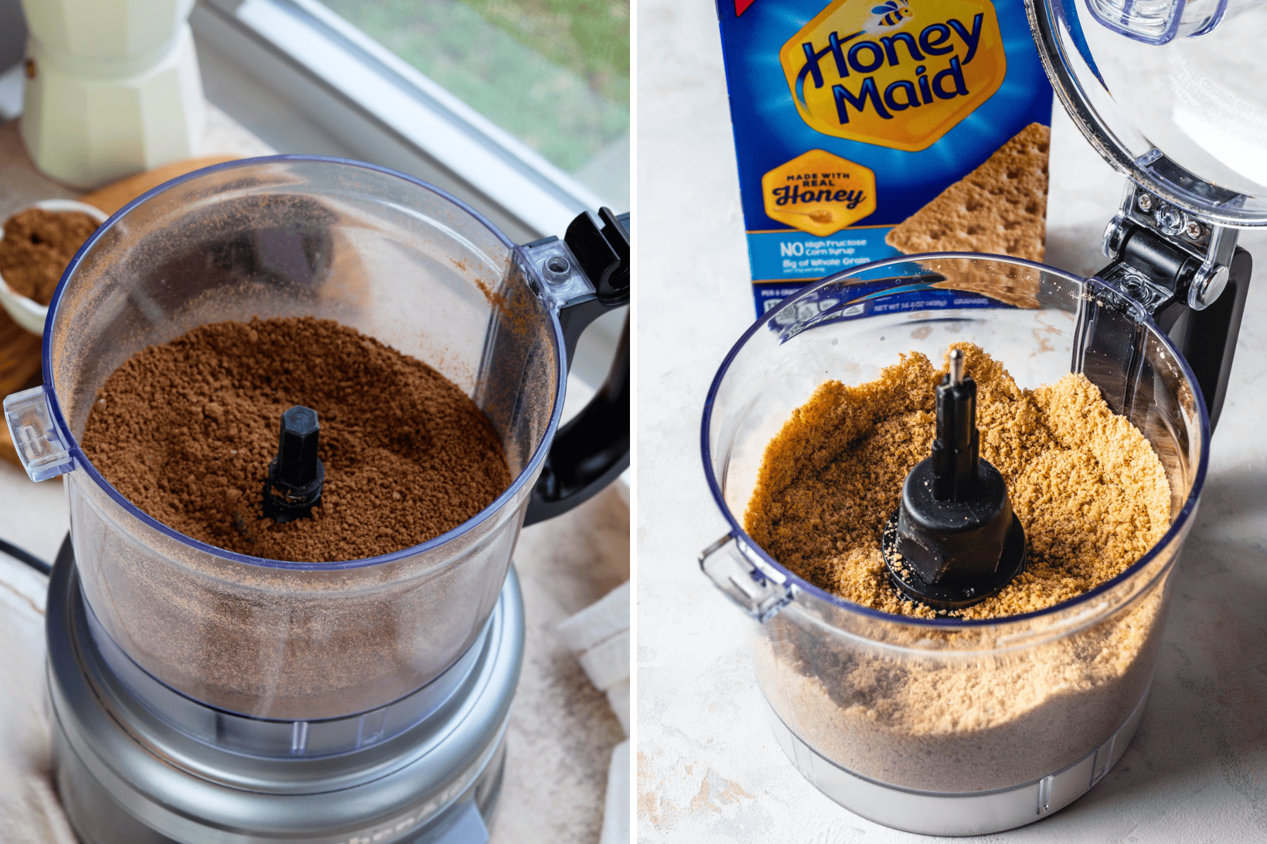 first picture: chocolate graham crackers in a food processor. second picture: regular graham crackers in a food processor.
