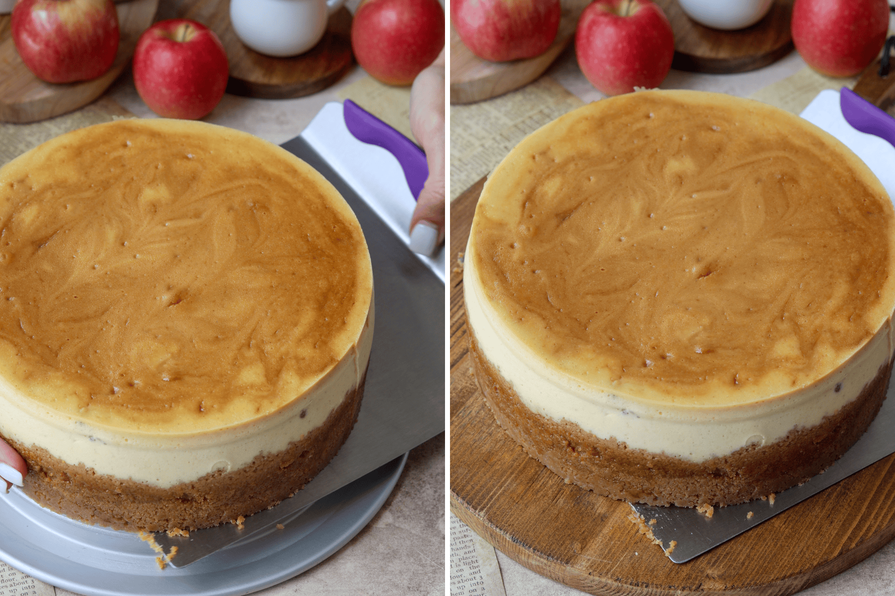 lifting a cake from the cheesecake pan and transferring to a wooden board.