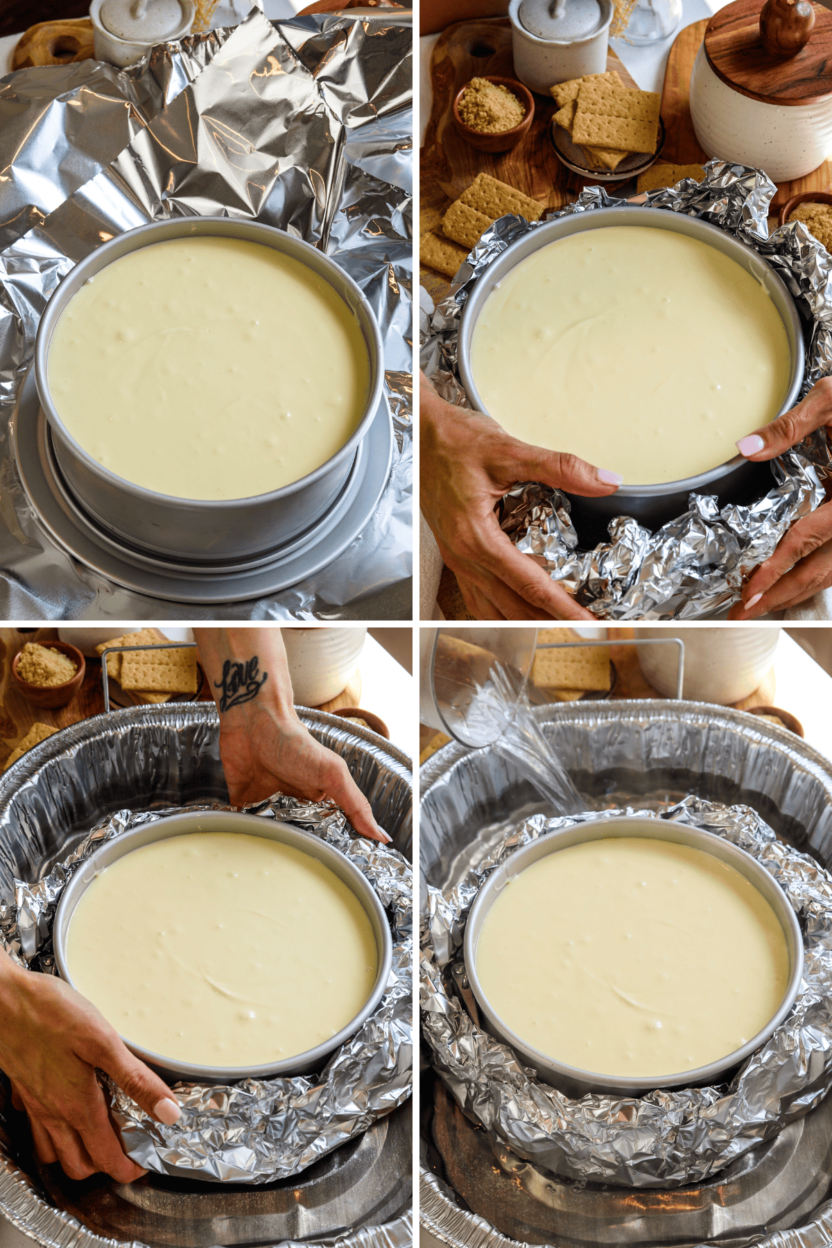 first picture: cheesecake pan with cheesecake batter inside on top of foil second picture: wrapping the bottom of a cheesecake pan with foil. third picture: placing the cheesecake pan in a roasting pan. fourth picture: filling the roasting pan with water to form a water bath.