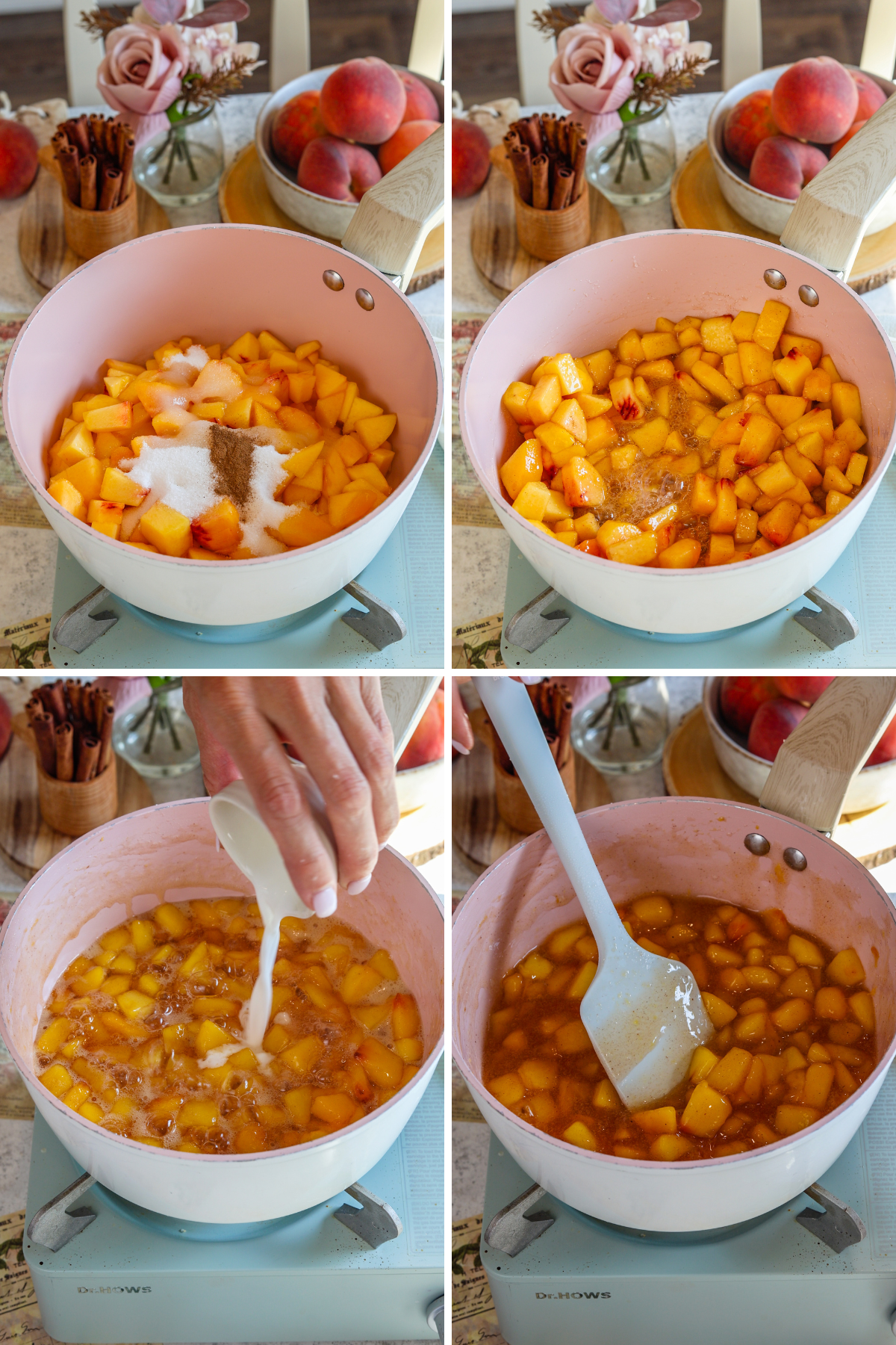 first picture: peaches in a pan with sugar and cinnamon. second picture: peaches in a pan cooking. third picture: peaches in a pan cooking with cornstarch being added to the pan.