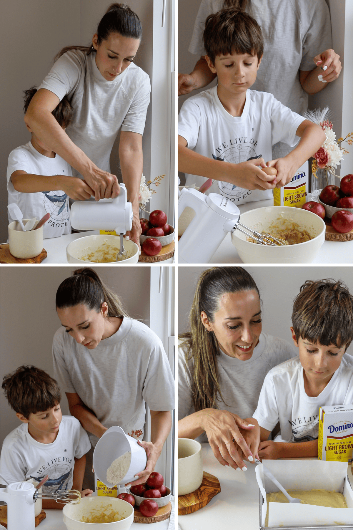 first picture: beating the mixture with a mixer in a bowl. second picture: cracking an egg in a bowl. third picture: adding flour to a bowl to make cake. fourth picture: spreading the cake batter in a cake pan.