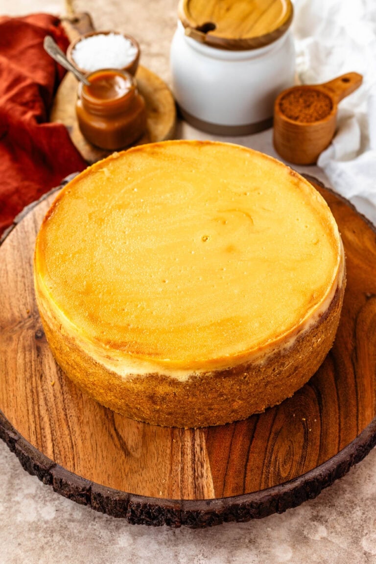 cheesecake on a wooden board.