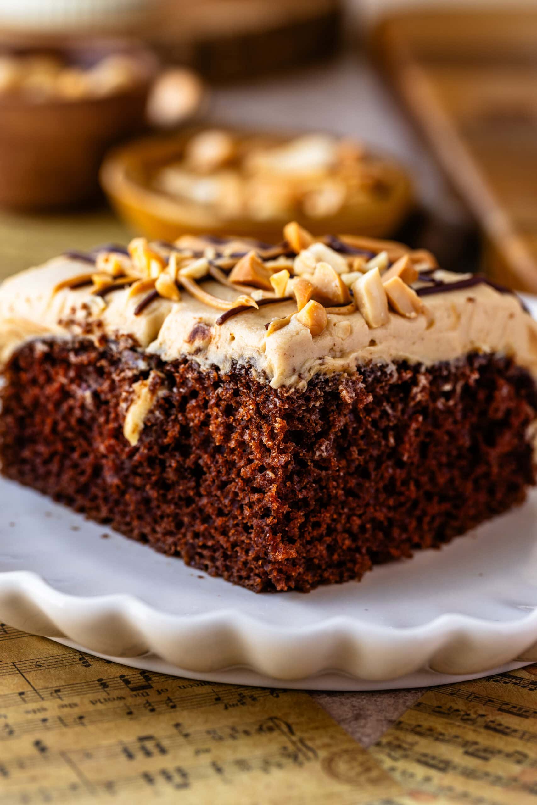 Chocolate Cake with Peanut Butter Frosting: A slice of rich, moist chocolate cake topped with a thick layer of peanut butter frosting. The frosting is garnished with chopped peanuts and a drizzle of chocolate. The cake slice is presented on a scalloped white plate, with the background showing a blurred rustic kitchen setting, including a bowl of peanuts.