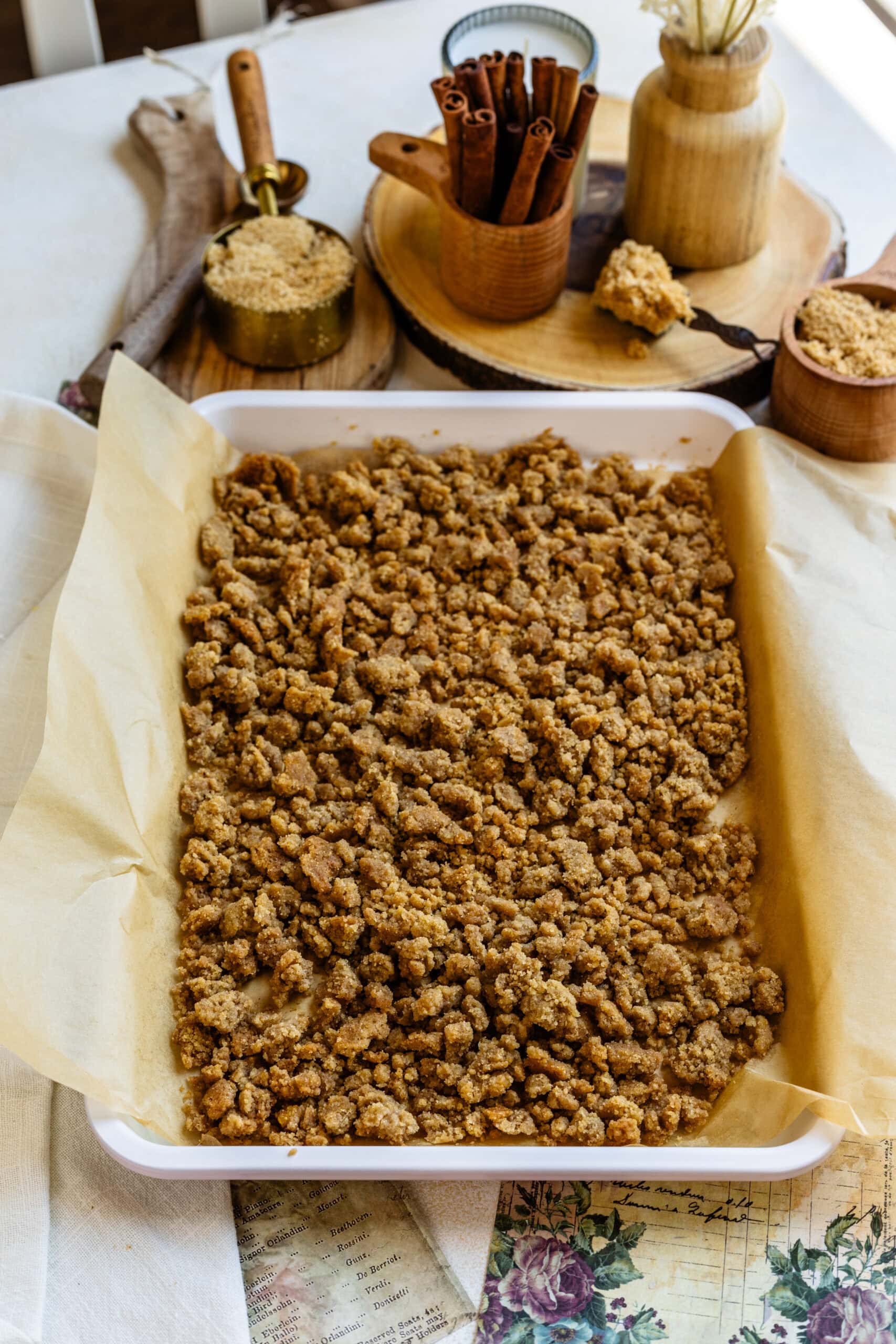 streusel crumbs in a tray.