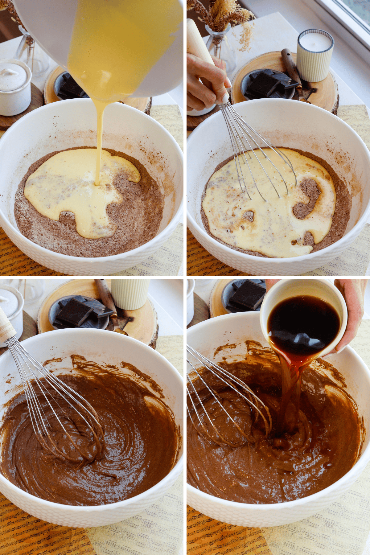 Mixing Chocolate Cake Batter: A collage of four images showing the process of making chocolate cake batter. The top left image shows a wet mixture of eggs, milk, and oil being poured into a bowl of dry ingredients containing cocoa powder and flour. The top right image captures the wet ingredients being whisked into the dry ingredients, starting to form the chocolate batter. The bottom left image shows the batter becoming smoother as it is mixed. The bottom right image captures hot coffee being poured into the chocolate batter, which adds richness and depth to the flavor.