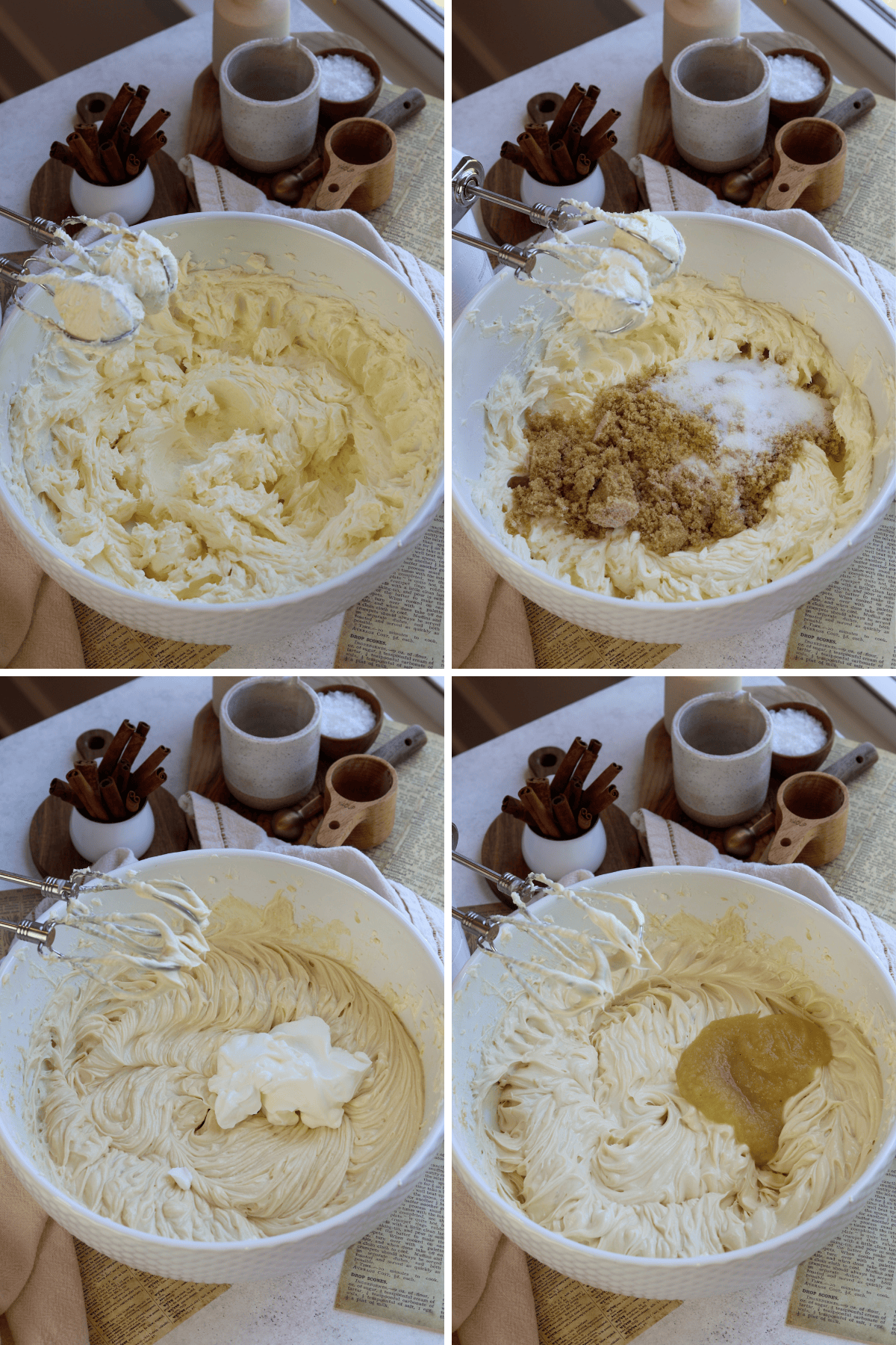 Panel with four images showing the process of making the cheesecake batter. The first image shows cream cheese being whipped in a bowl to a creamy texture. The second image shows brown sugar and granulated sugar added to the whipped cream cheese. The third image shows sour cream being added to the mixture after the sugar is blended in. The fourth image shows applesauce added to the mixture as the next step in preparing the cheesecake batter. In the background, cinnamon sticks and other baking tools are arranged decoratively on a wooden board.