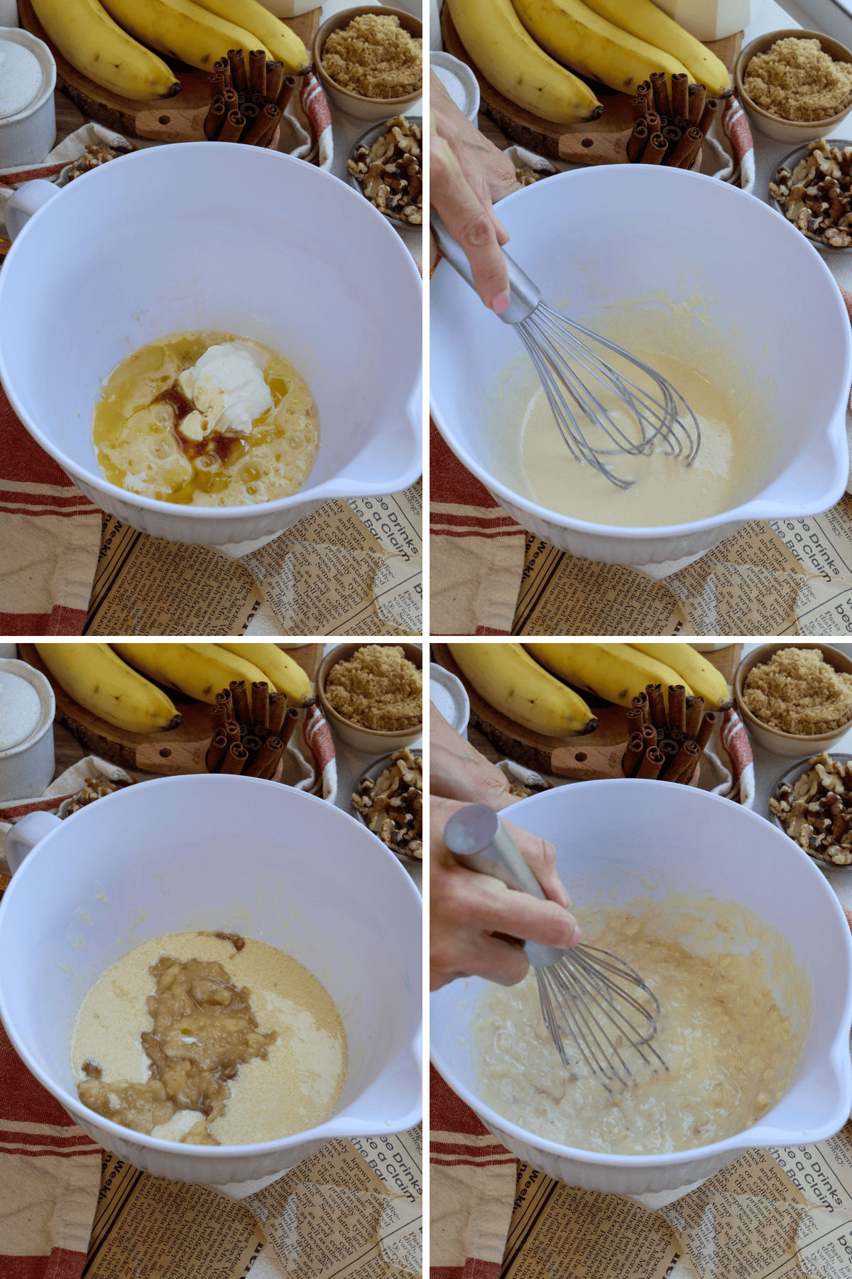 Panel with 4 Pictures: First image: A white mixing bowl containing wet ingredients for the banana nut muffin batter, including melted butter, yogurt, vanilla extract, and eggs. The ingredients are ready to be mixed. The background includes bananas, a bowl of brown sugar, cinnamon sticks, and walnuts on a red-striped kitchen towel. Second image: A hand holding a whisk begins to mix the wet ingredients inside the white bowl, creating a smooth and creamy consistency. The same backdrop of ingredients is visible, including bananas and walnuts. Third image: Mashed bananas are added to the wet mixture in the white mixing bowl. The texture of the bananas is slightly chunky and ready to be incorporated into the batter. The same kitchen setup, with bananas and other ingredients, is present in the background. Fourth image: The hand continues whisking the wet mixture as the mashed bananas are combined into the batter, creating a smooth and lumpy mixture. The background remains consistent with bananas, brown sugar, cinnamon sticks, and walnuts.
