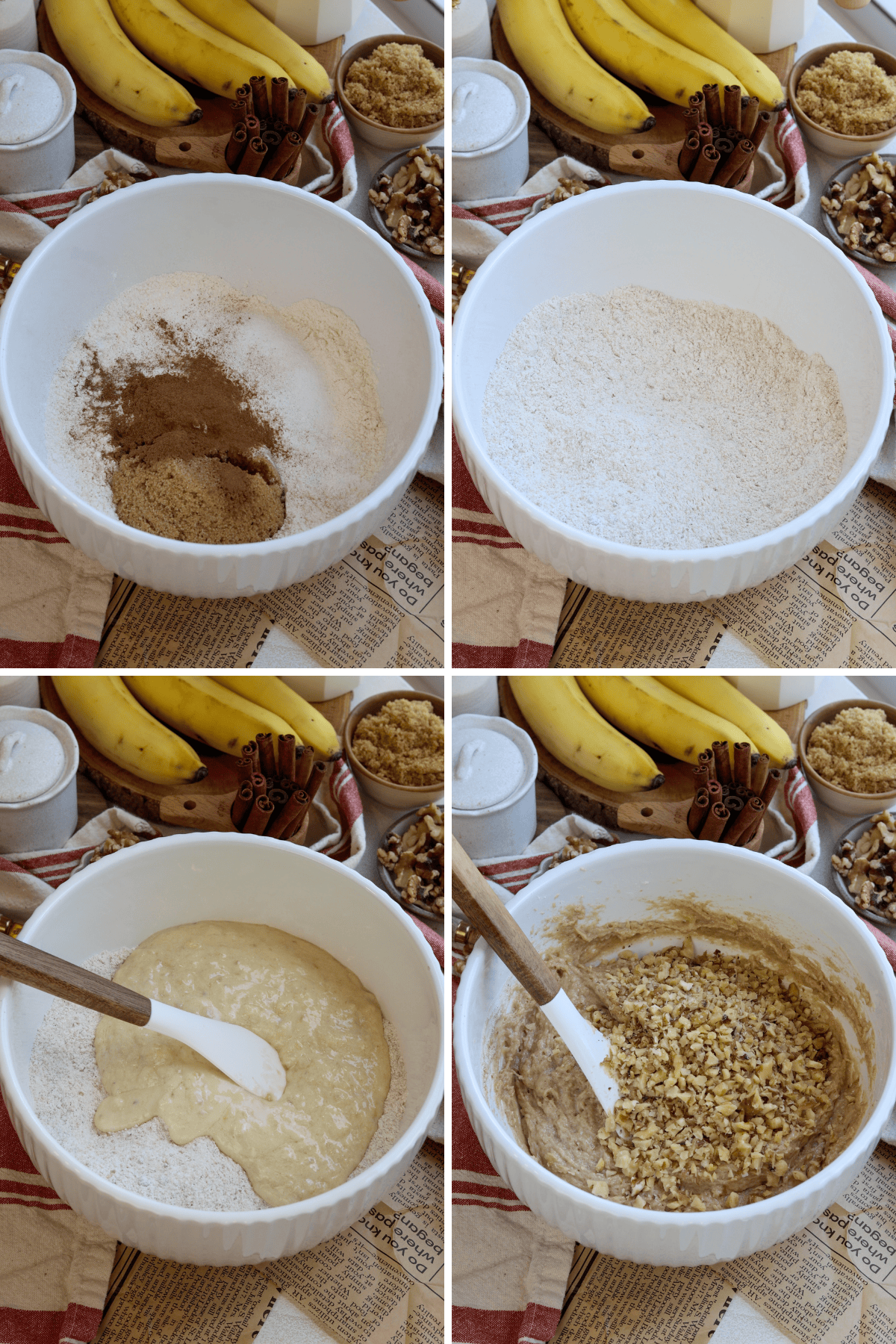 Panel with 4 Pictures: First image: A white mixing bowl with dry ingredients including flour, brown sugar, and cinnamon. The ingredients are unmixed and arranged in separate piles within the bowl. In the background, there are bananas, cinnamon sticks, a small bowl of walnuts, and brown sugar on a red-striped kitchen towel. Second image: The same white mixing bowl with the dry ingredients fully mixed together, showing a uniform light brown color. The background remains consistent with bananas and other ingredients. Third image: The wet ingredients have been added to the dry mixture in the bowl. A white spatula with a wooden handle is placed in the bowl, ready to fold the wet and dry ingredients together. The same backdrop with bananas, cinnamon sticks, and walnuts remains visible. Fourth image: The mixture is partially combined, and chopped walnuts are being folded into the batter with the spatula. The batter is thick and speckled with the added nuts, and the background still includes bananas and other ingredients.