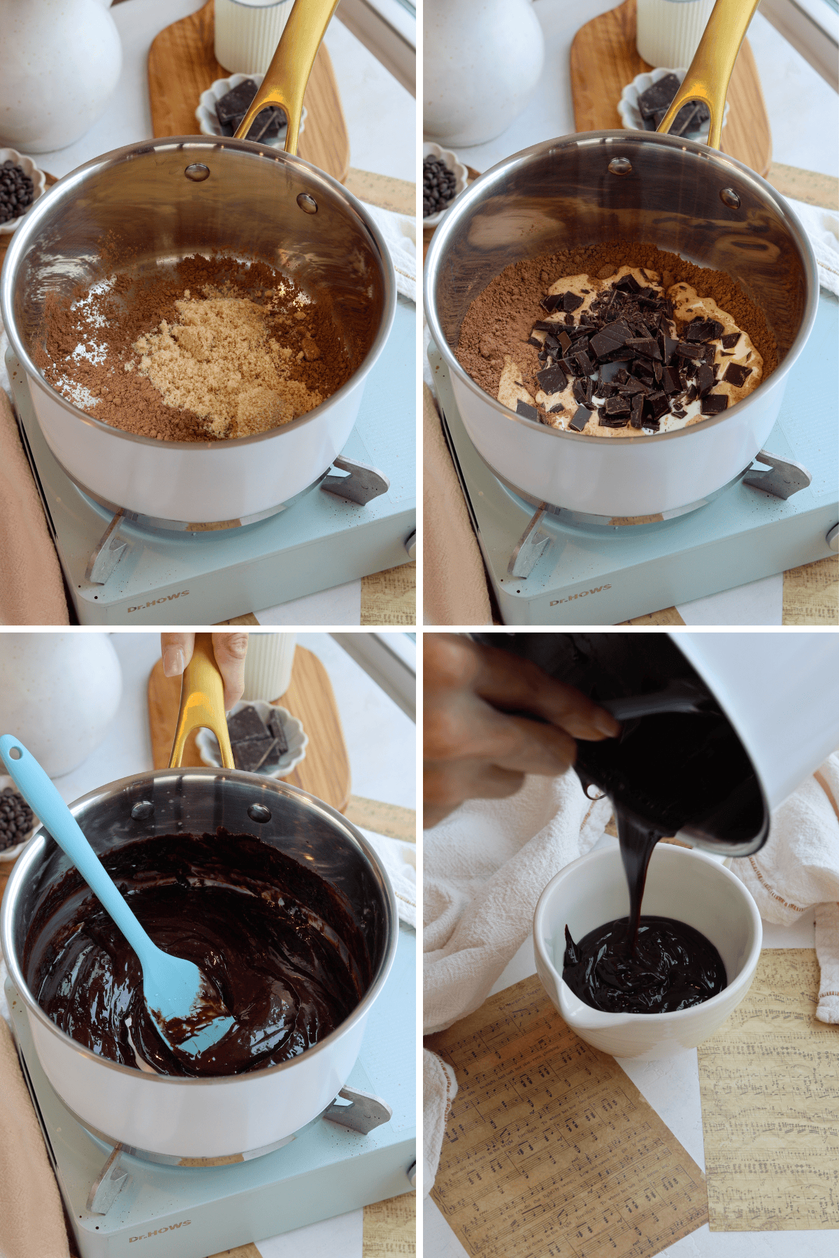 Panel showing four images: the first image shows dry ingredients, including cocoa powder and brown sugar, in a saucepan on the stove. The second image shows chopped chocolate added to the dry ingredients in the saucepan. The third image shows the mixture being stirred together over heat, becoming smooth and glossy. The fourth image shows the finished fudge sauce being poured into a bowl, ready for serving.