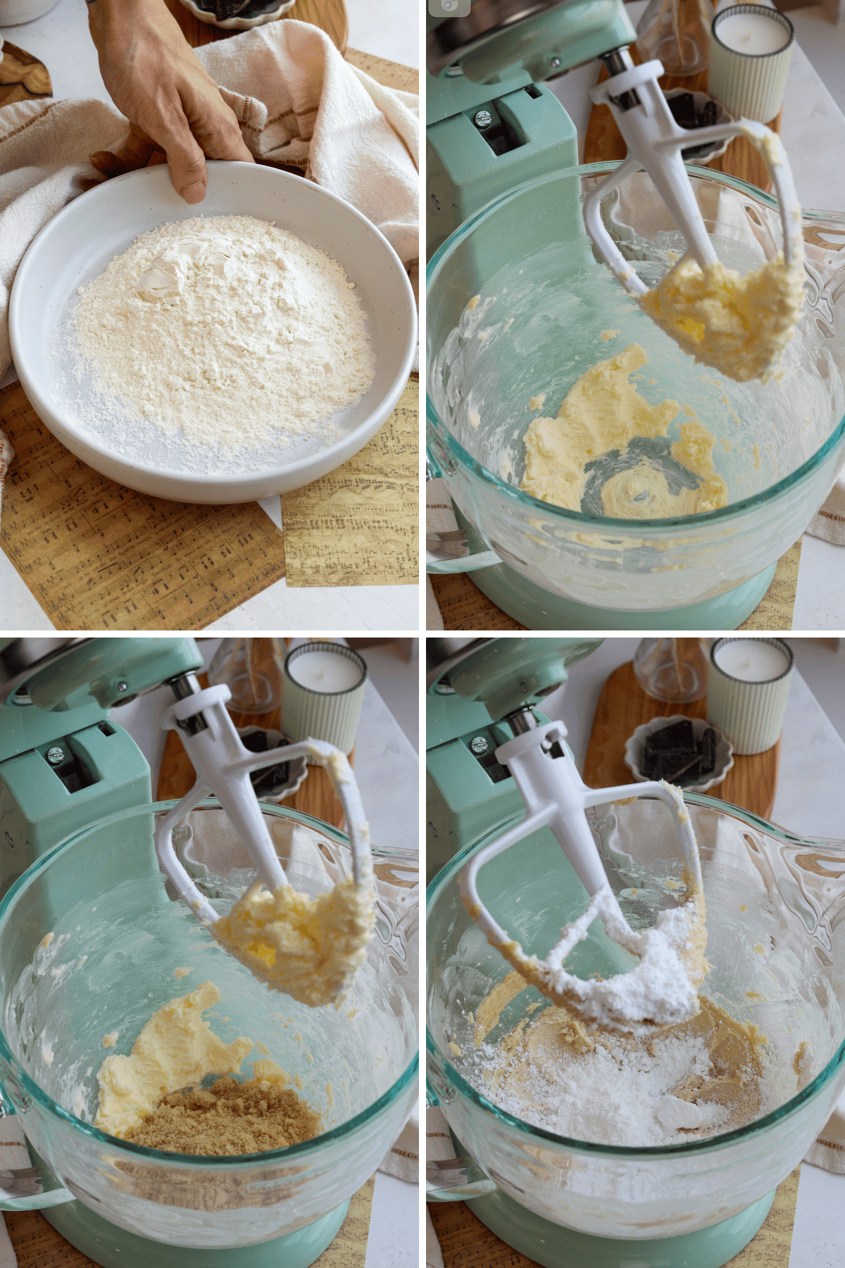 Panel showing four images: the first image shows a bowl of heat-treated flour ready to be added to the cookie dough. The second image shows butter being creamed in a stand mixer to prepare the base for cookie dough. The third image shows brown sugar added to the creamed butter in the stand mixer. The fourth image shows flour and powdered sugar being mixed into the cookie dough in the stand mixer.