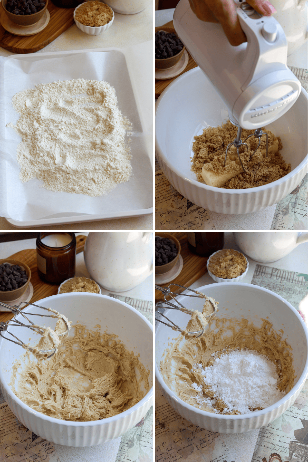 Panel with 4 images: The first image shows a tray lined with parchment paper, topped with sifted flour that is ready to be baked to make it safe for consumption in the edible cookie dough recipe. The second image captures brown sugar and softened butter in a large white mixing bowl, with a hand mixer beginning to cream the ingredients together. The third image displays the creamed mixture of butter and brown sugar in the bowl, now smooth and fluffy after being mixed. The fourth image shows powdered sugar being added into the creamed butter and sugar mixture, just before being mixed to continue the process of making edible cookie dough.