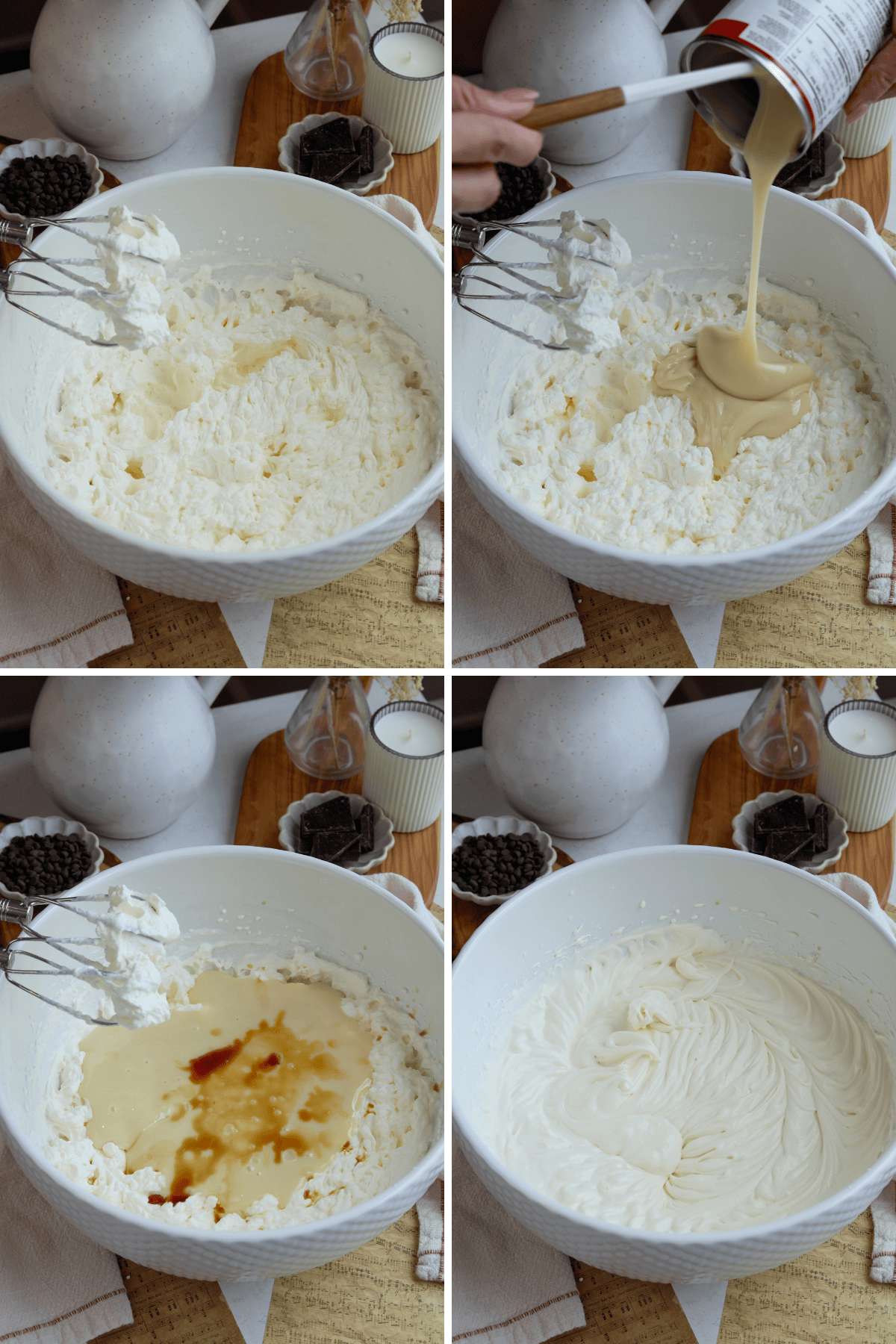 Panel showing four images: the first image shows whipped cream in a mixing bowl with an electric mixer after being beaten to soft peaks. The second image shows sweetened condensed milk being poured into the whipped cream. The third image shows vanilla extract added to the mixture of whipped cream and condensed milk. The fourth image shows the fully mixed no-churn ice cream base, smooth and ready to be frozen.