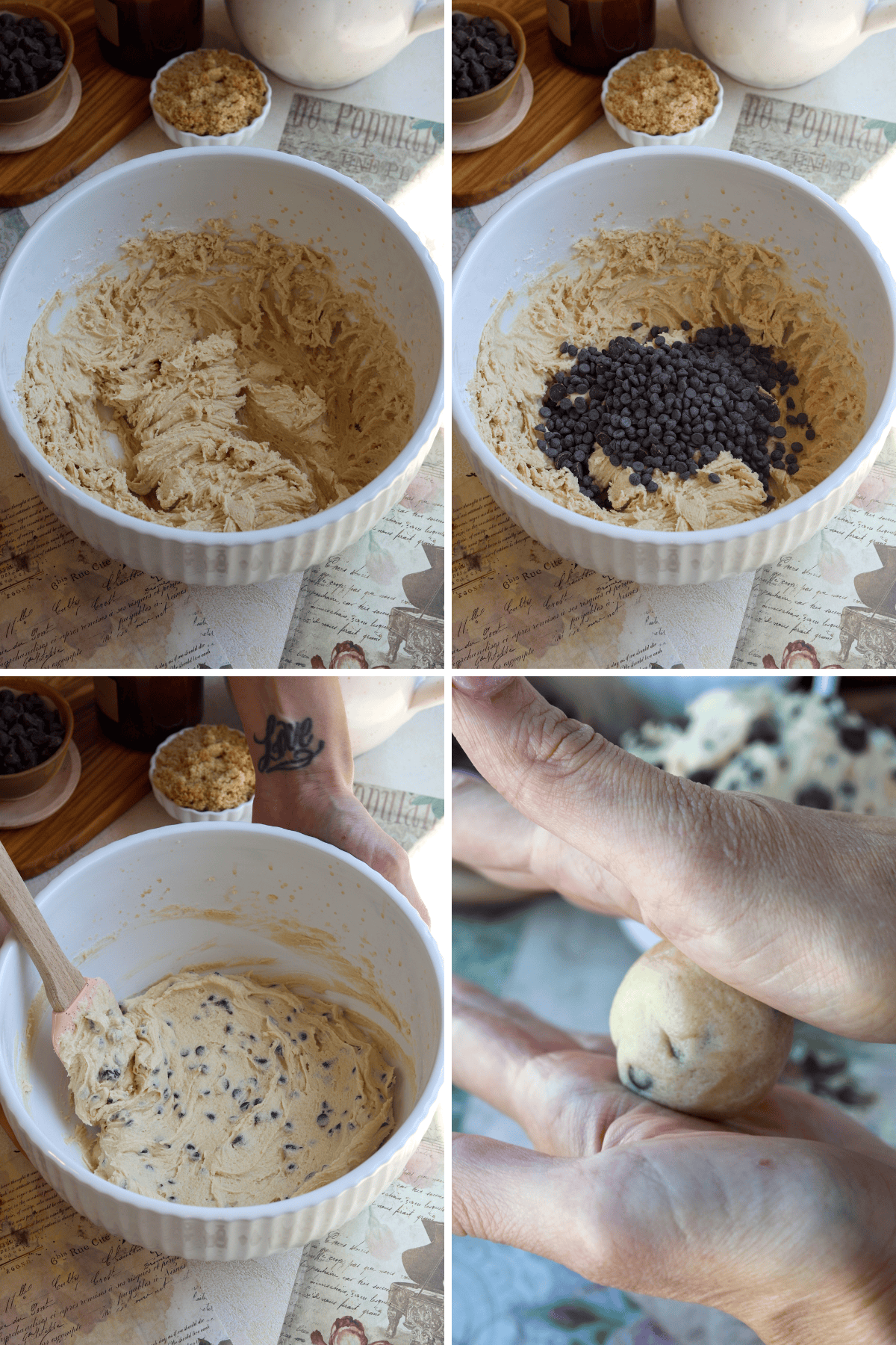 Panel with 4 images: The first image shows the dough after it has been fully mixed, smooth and ready for the next step. The second image captures chocolate chips being added to the dough, sitting on top, ready to be folded in. The third image shows the dough after the chocolate chips have been gently folded in using a spatula, with the dough now evenly mixed with the chocolate chips. The fourth image is a close-up of hands gently rolling a small portion of the edible cookie dough into a ball, preparing it for serving or snacking.