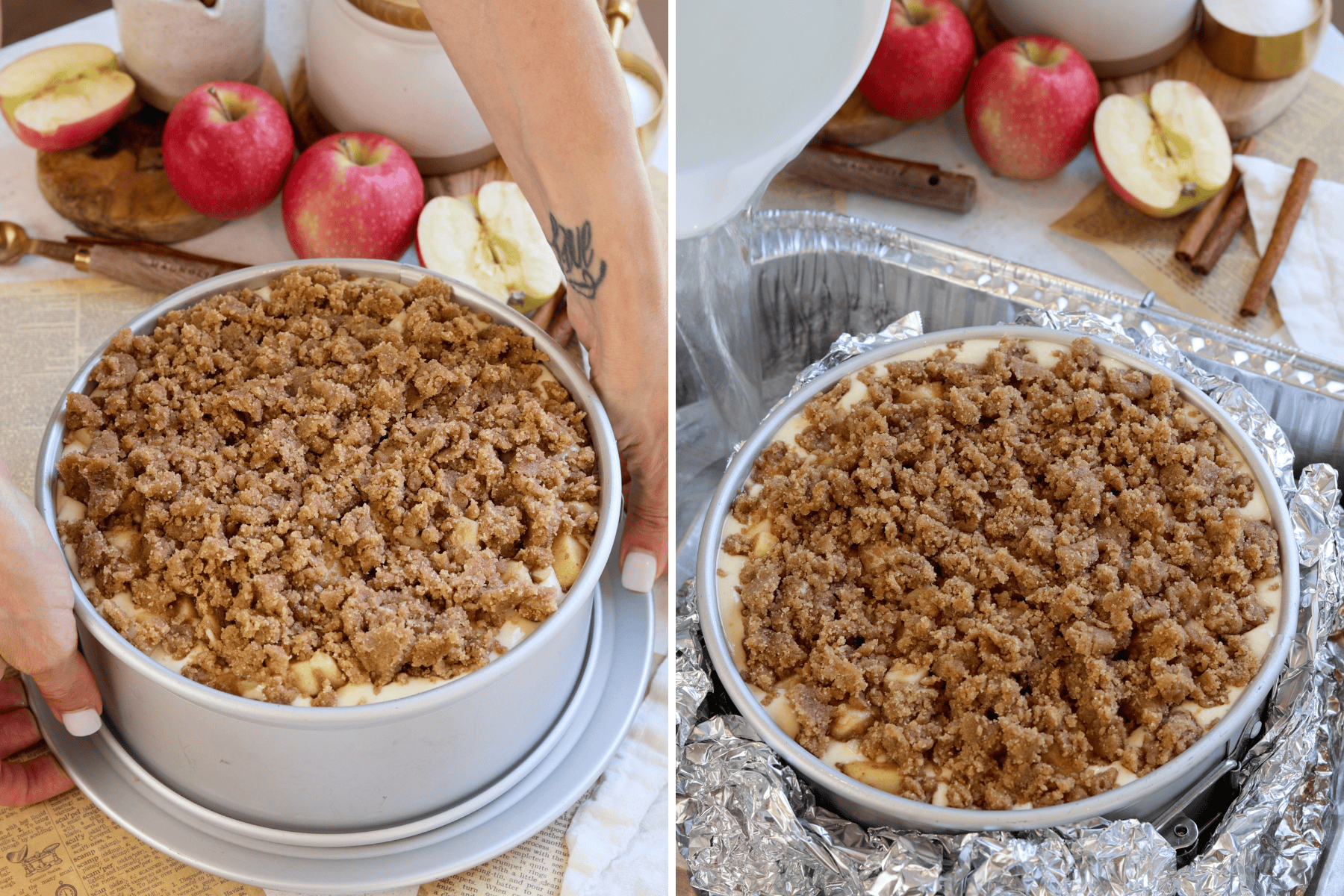 Panel with two images. The first image shows the completed apple crumble cheesecake ready for baking, with the crumble topping spread evenly over the surface. The second image captures the cheesecake wrapped in foil, placed inside a water bath, ready to be baked for a moist and even texture.