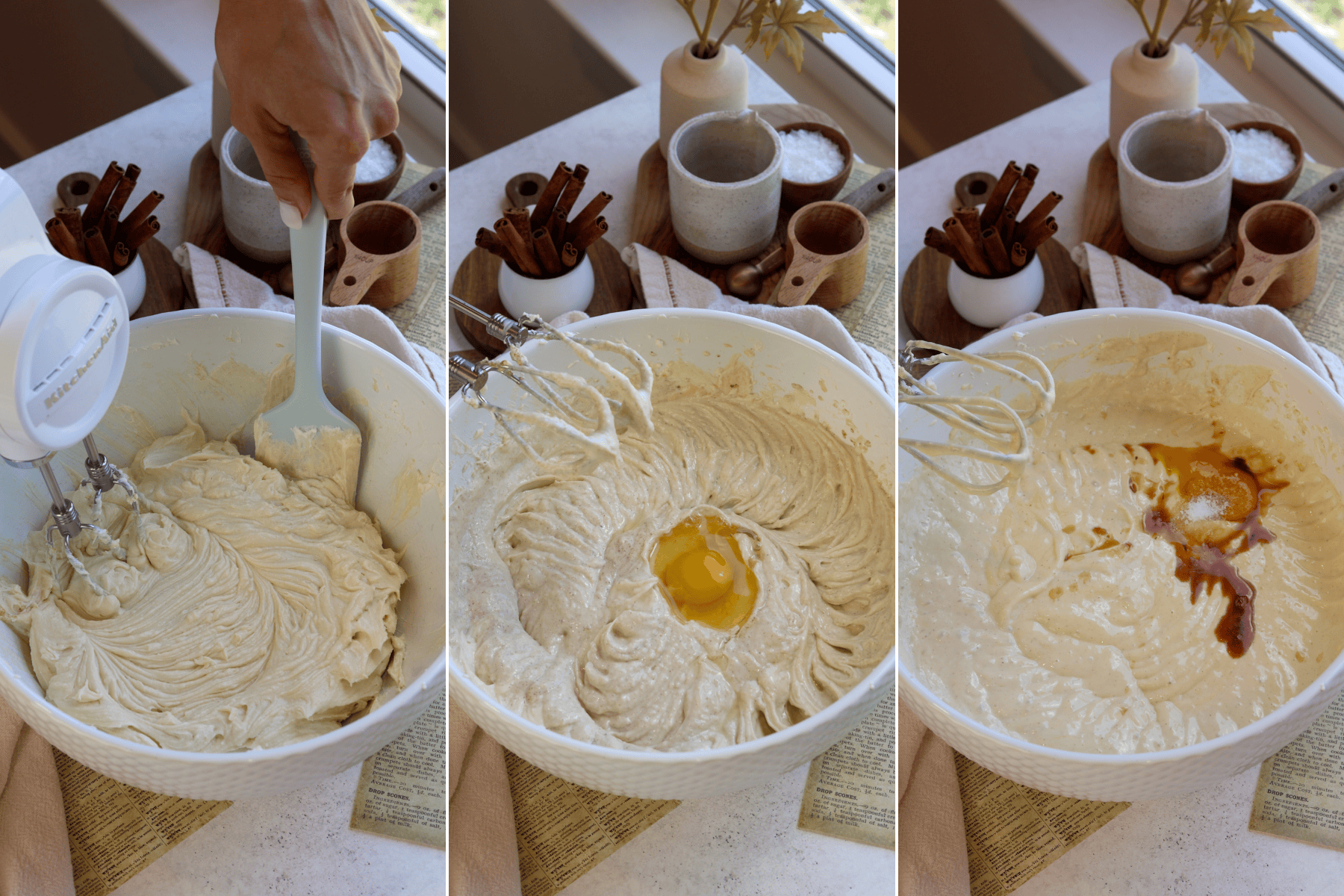 Panel with three images showing the steps of incorporating eggs into the cheesecake batter. The first image shows the batter being scraped down with a spatula to ensure even mixing. The second image shows an egg added to the batter, ready to be mixed in. The third image shows the cheesecake batter with vanilla extract and another egg, about to be blended into the mixture. In the background, there are decorative baking tools, cinnamon sticks, and a few small containers on a wooden board.