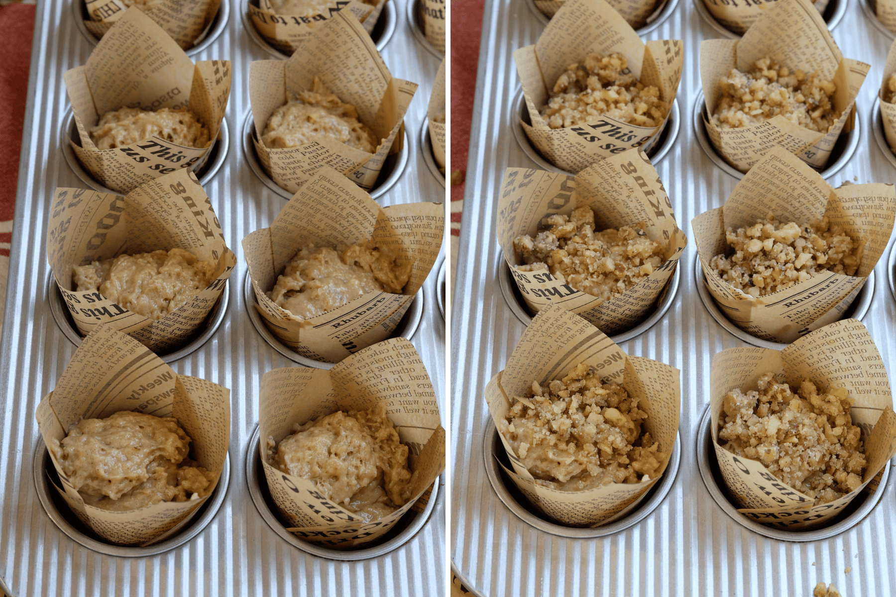 Panel with 2 Pictures: First image: A muffin tin filled with raw banana nut muffin batter, each portion placed inside brown paper muffin liners with a newspaper-like print. The batter is slightly lumpy, ready to be baked. Second image: The same muffin tin, now with the batter topped generously with a streusel mixture of chopped nuts and sugar, evenly spread across each muffin, adding a crunchy texture before baking.