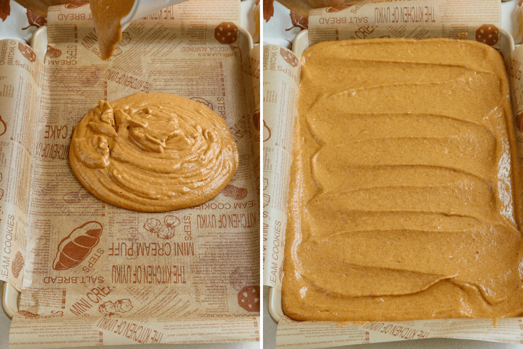 Image with 2 panels: The first panel shows the pumpkin cake batter being poured into a parchment-lined baking sheet. The second panel displays the batter spread evenly across the pan, ready to be baked. The parchment paper has a printed design, and the batter is smooth and spread to the edges of the sheet.