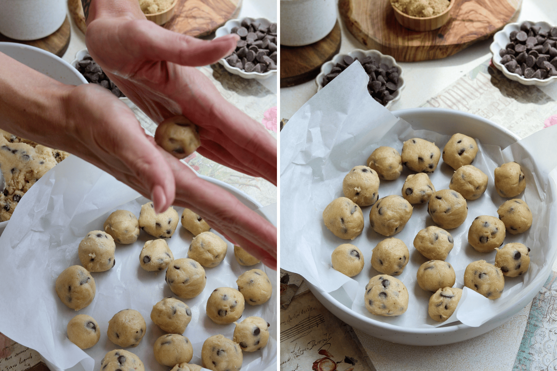 Panel showing two images. The first image shows hands shaping cookie dough into balls, with chocolate chips visible in the dough. The second image shows a baking dish lined with parchment paper, filled with cookie dough balls ready for baking, surrounded by bowls of chocolate chips and brown sugar.