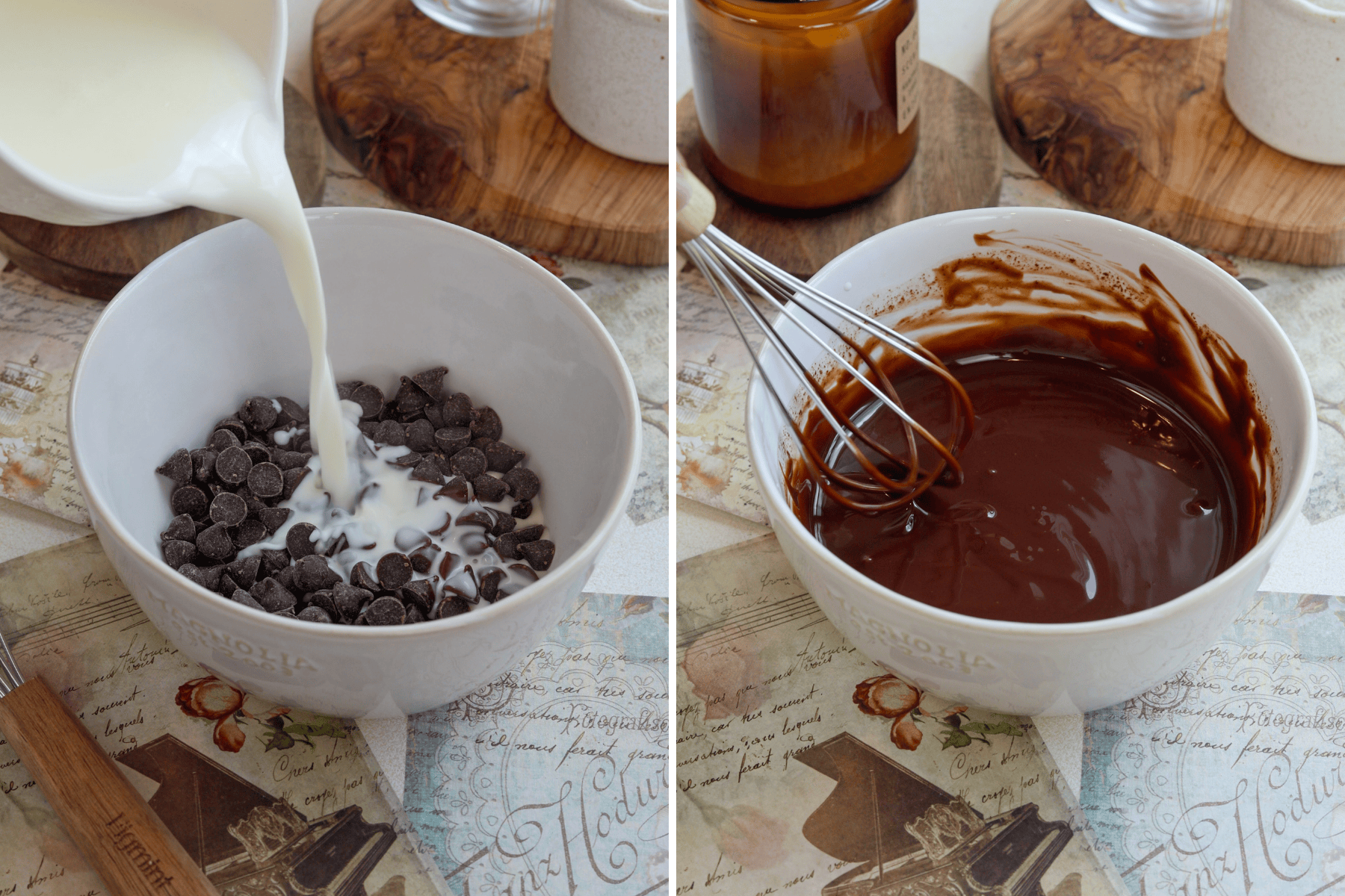 Panel showing two images. The first image shows hot cream being poured into a bowl filled with chocolate chips, preparing to make ganache. The second image shows the chocolate chips fully melted and mixed into a smooth ganache with a whisk.