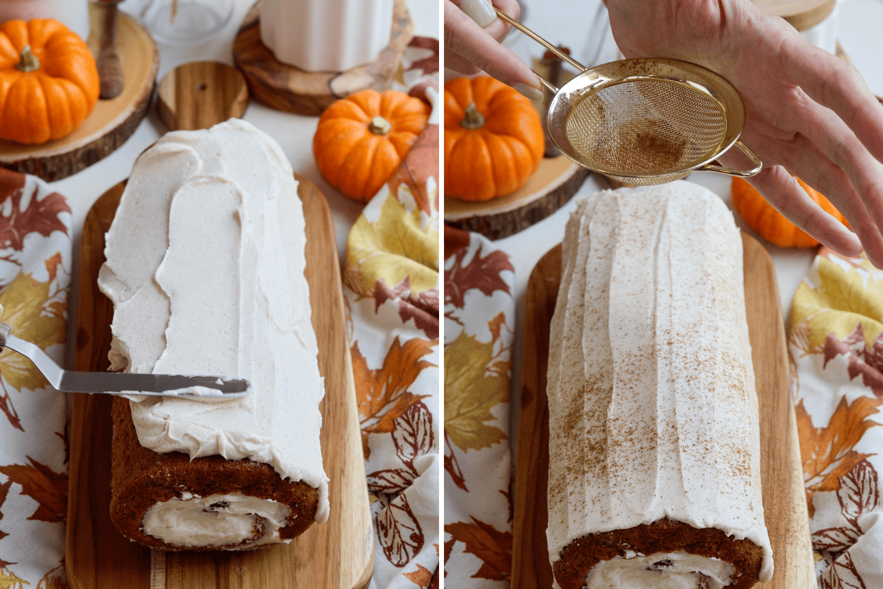 Image with 2 panels: The first panel shows a pumpkin roll cake on a wooden board being topped with cream cheese frosting using an offset spatula to spread the frosting evenly. The second panel displays the frosted pumpkin roll cake being lightly dusted with cinnamon through a fine mesh sieve, adding a decorative finish. The background features small pumpkins and autumn-themed linens.