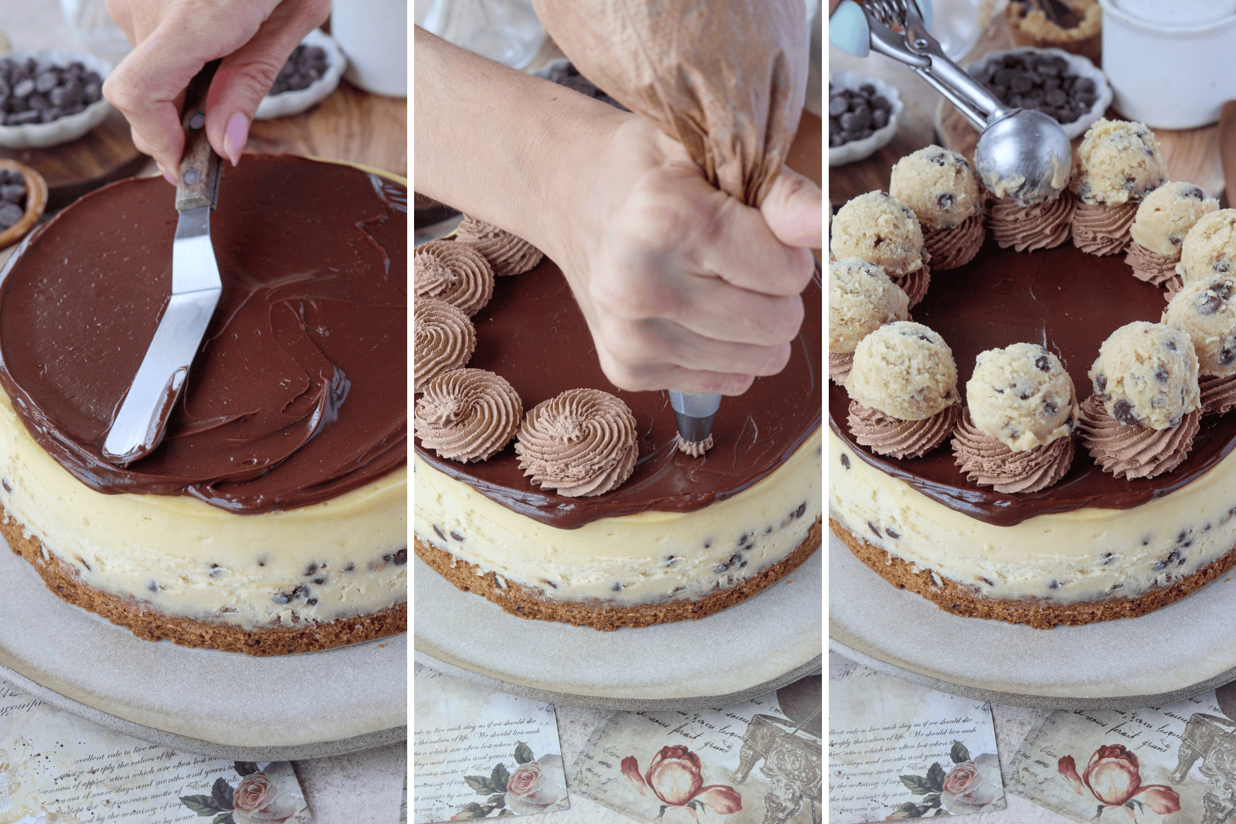 Panel showing three images. The first image shows a cheesecake being topped with a smooth layer of chocolate ganache, spread evenly with an offset spatula. The second image shows chocolate frosting being piped onto the edges of the cheesecake using a piping bag with a star tip. The third image shows cookie dough balls being placed on top of the piped frosting around the edges of the cheesecake, creating a decorative border. Bowls of chocolate chips are visible in the background.