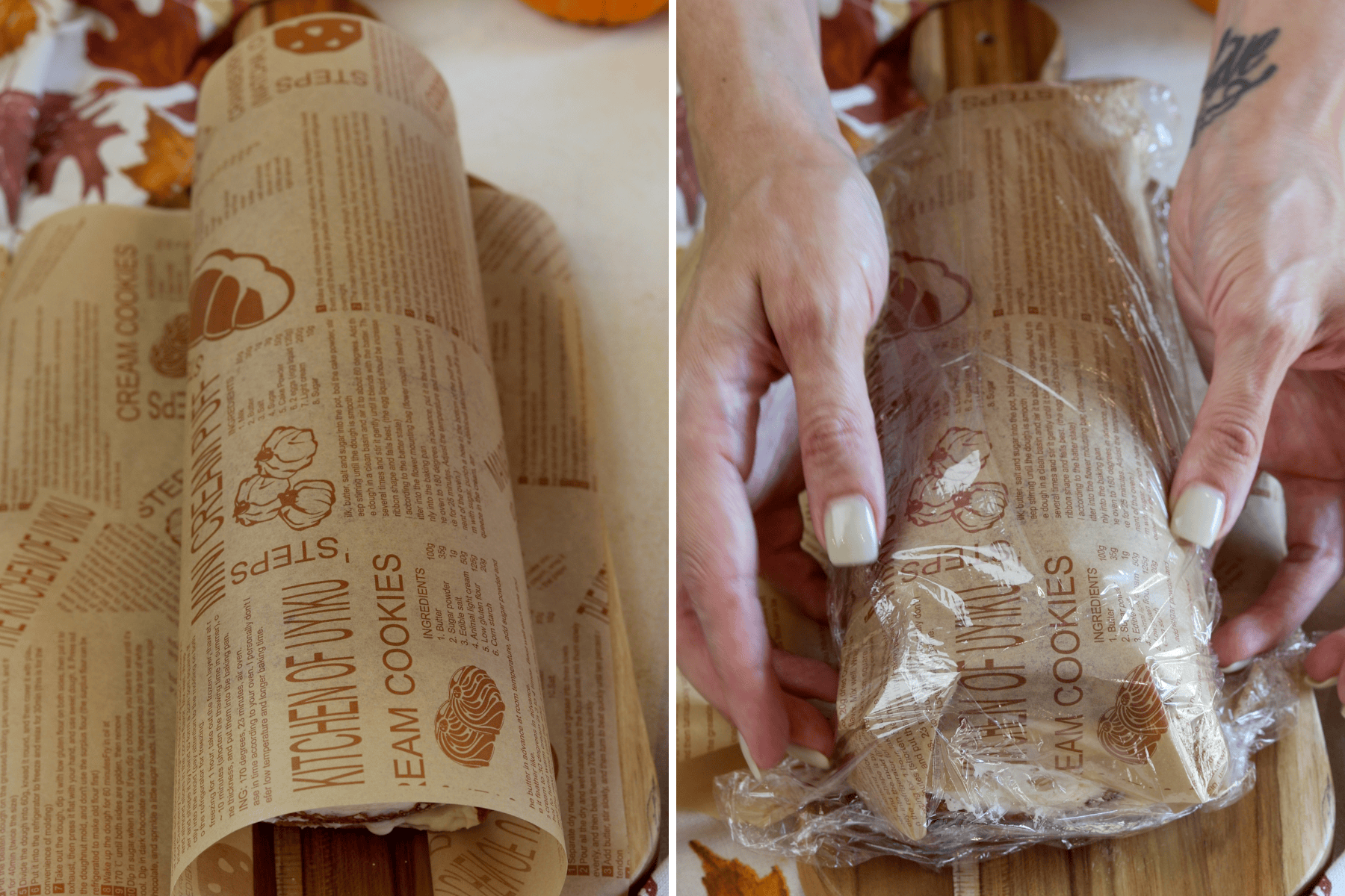 Two-panel image showing the process of wrapping a pumpkin roll cake. The first panel shows a person wrapping the cake in parchment paper to secure its shape. The second panel shows hands wrapping the parchment-covered cake tightly in plastic wrap, ensuring it stays compact.