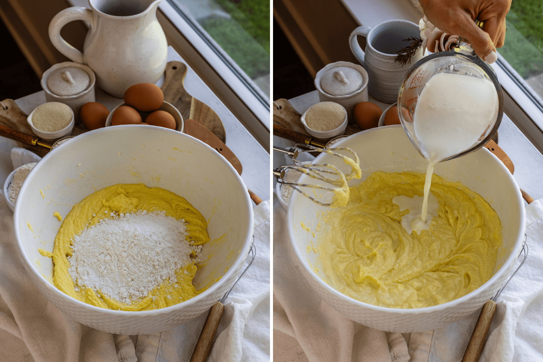 Two-step process of adding dry ingredients and milk to a cake batter in a mixing bowl. Flour is being folded into the batter on the left, while milk is poured into the batter on the right, with eggs and other baking ingredients in the background.
