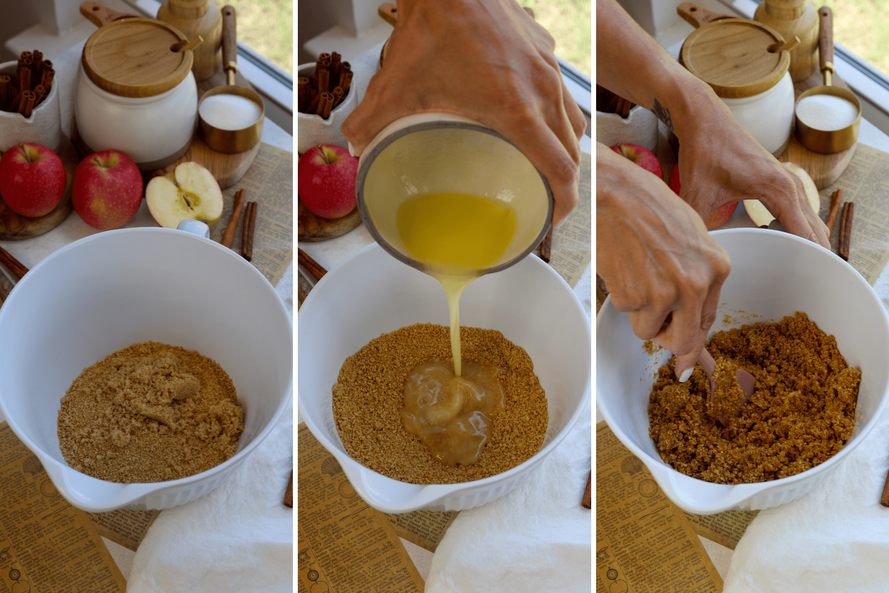 Panel with three images. The first image shows a white bowl with a mixture of brown sugar and crushed graham crackers, ready to be combined for the apple crumble cheesecake crust. The second image captures melted butter being poured into the graham cracker mixture. The third image shows the mixture being stirred with a spatula to create a cohesive crust base for the cheesecake.