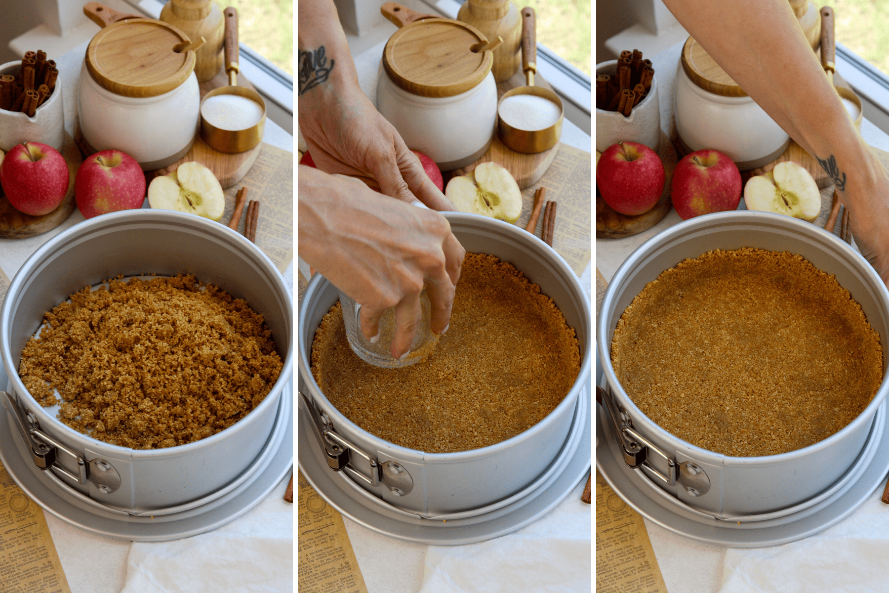 Panel with three images. The first image shows a springform pan filled with a loose graham cracker and sugar mixture, ready to be pressed into a crust. The second image captures the process of pressing the graham cracker crust into the base and sides of the pan using the bottom of a glass. The third image shows the fully pressed and even graham cracker crust, forming the base for the apple crumble cheesecake.