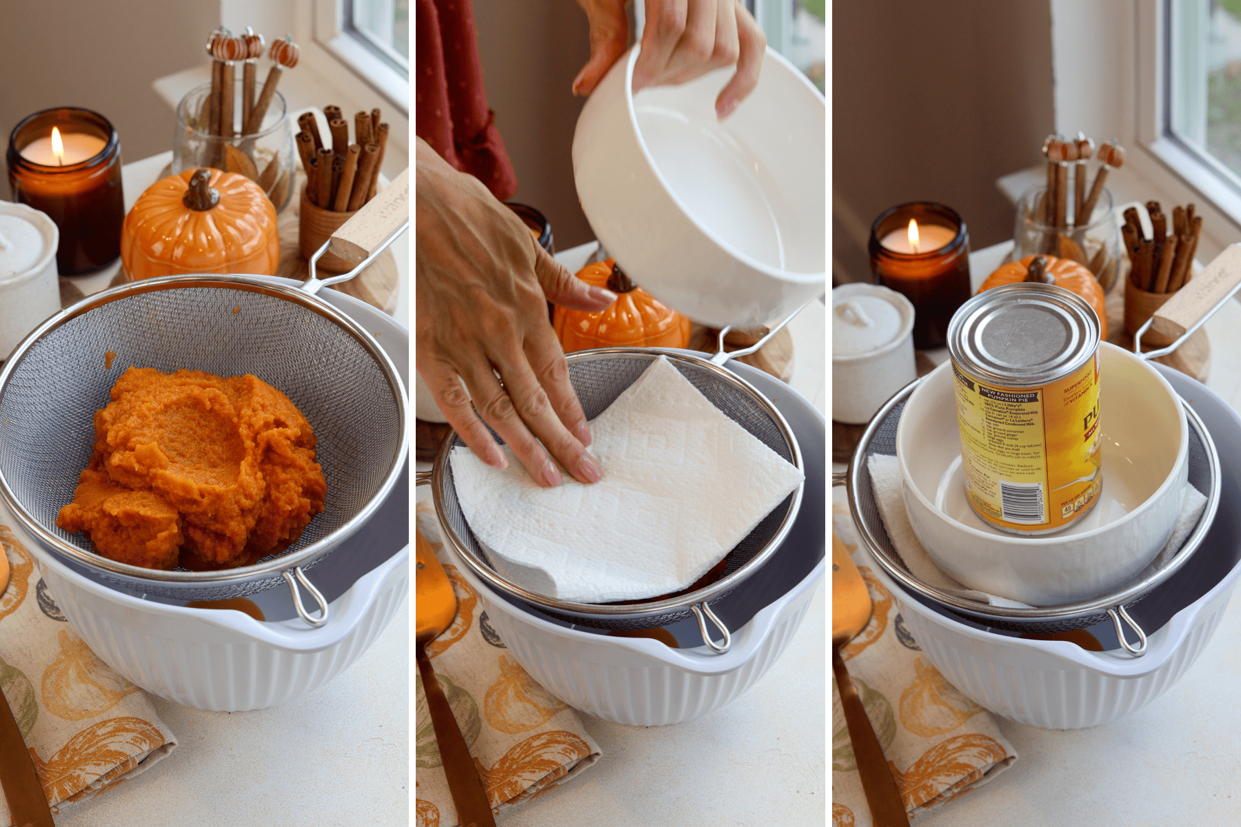 a set of three images: Left image: Fresh pumpkin puree being strained in a mesh sieve placed over a white bowl, with a fall-themed setup featuring a ceramic pumpkin, cinnamon sticks, and a lit candle for a cozy atmosphere. Middle image: A person pressing down on the pumpkin puree using a paper towel to remove excess liquid, with a cozy autumn background including a ceramic pumpkin and cinnamon sticks. Right image: A heavy can and bowls stacked on top of the paper towel and sieve to help press the pumpkin puree and remove moisture, with the warm fall-themed decor in the background.