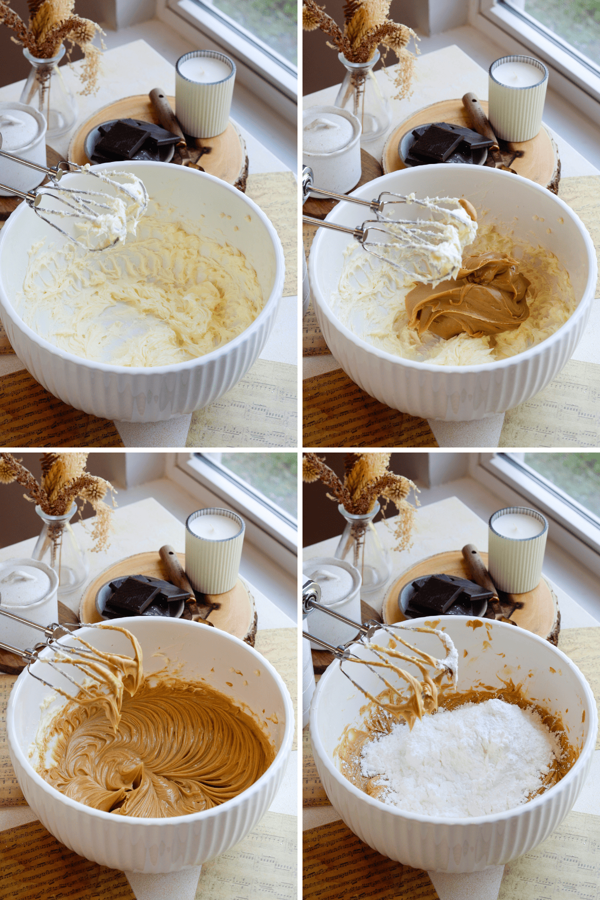 Making Peanut Butter Frosting: A collage of four images showing the process of making peanut butter frosting. The top left image shows a large white mixing bowl filled with whipped butter, with a hand mixer resting on the side. The top right image captures a dollop of creamy peanut butter being added to the whipped butter in the bowl. The bottom left image shows the peanut butter and butter mixture being whipped together, creating a smooth, creamy frosting. The bottom right image shows powdered sugar being added to the peanut butter mixture, ready to be mixed in to create a sweet and fluffy frosting.