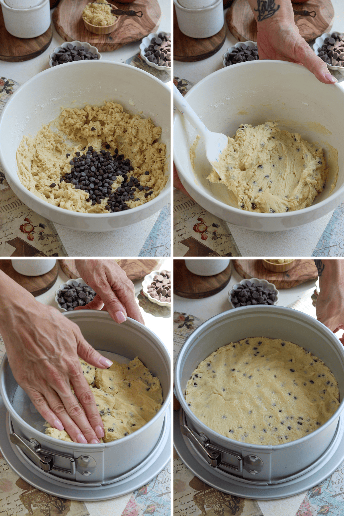 Panel showing four images of making a chocolate chip cookie crust for cheesecake. The first image shows chocolate chips being added to the cookie dough mixture in a bowl. The second image shows the chocolate chips being stirred into the dough with a spatula. The third image shows hands pressing the cookie dough into the bottom of a springform pan to form the crust. The fourth image shows the cookie dough evenly spread out in the pan, ready for baking. Bowls of chocolate chips and brown sugar are visible in the background throughout the process.