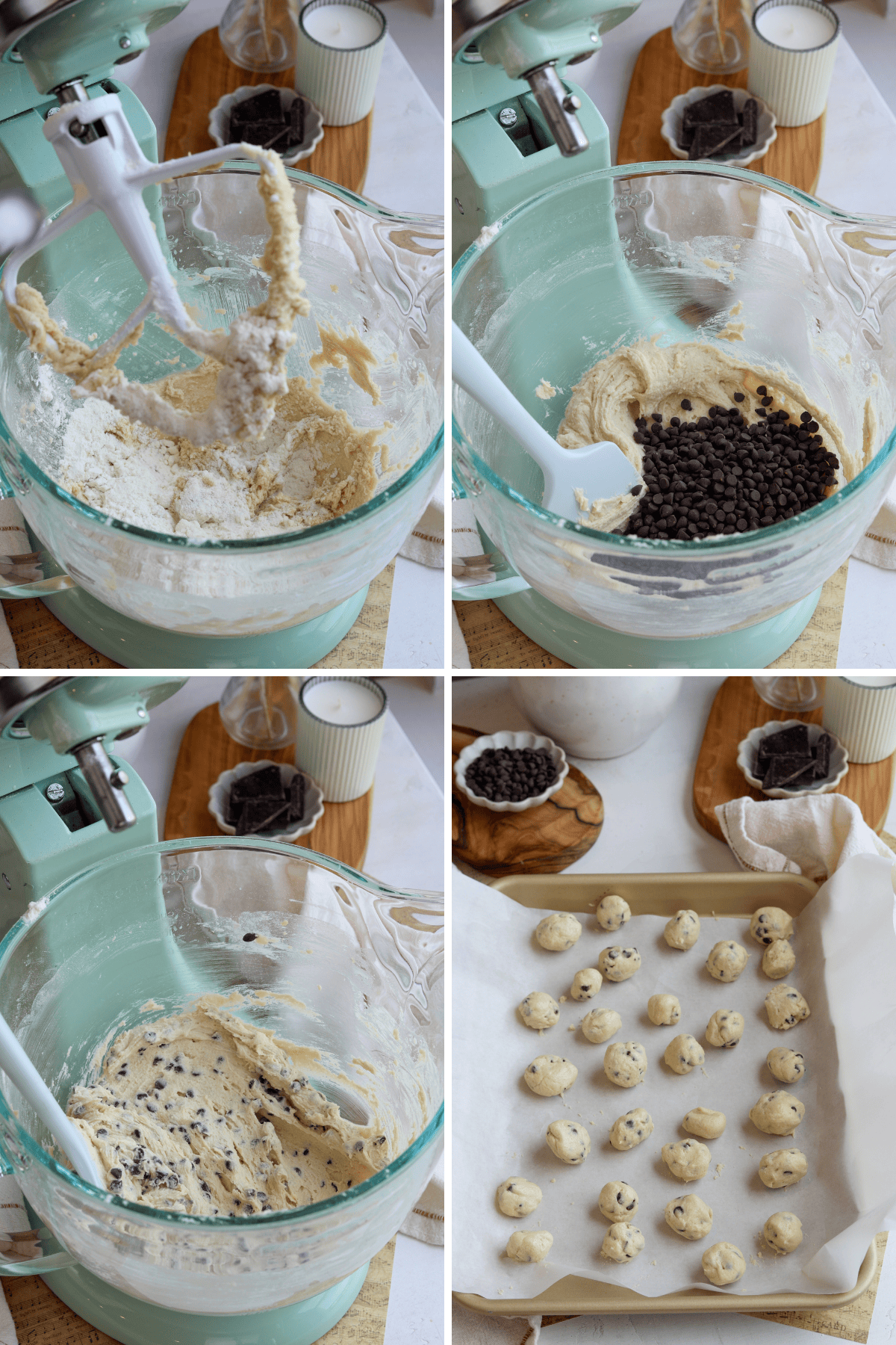 Panel showing four images: the first image shows flour being mixed into a cookie dough batter in a stand mixer. The second image shows chocolate chips being added to the cookie dough. The third image shows the cookie dough with the chocolate chips fully mixed in. The fourth image shows small scoops of edible cookie dough arranged on a baking sheet lined with parchment paper, ready to be chilled or eaten.